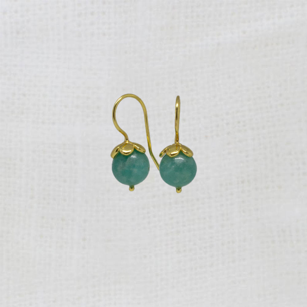 Round amazonite gemstone earrings with gold vermeil hooks and flower cap | Beyond Biasa