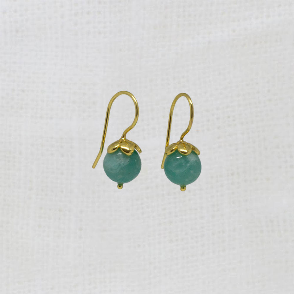 Round amazonite gemstone earrings with gold vermeil hooks and flower cap | Beyond Biasa
