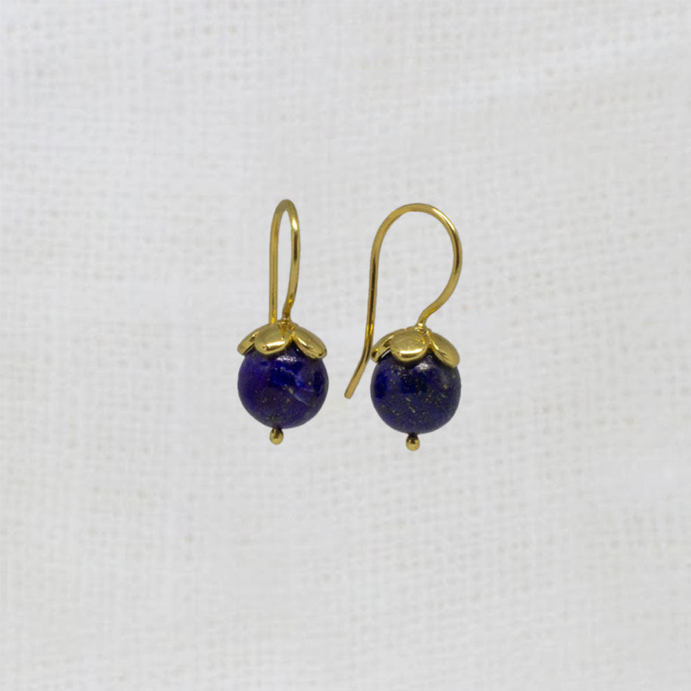 Round blue lapis lazuli gemstone earrings with gold vermeil hooks and flower cap | Beyond Biasa