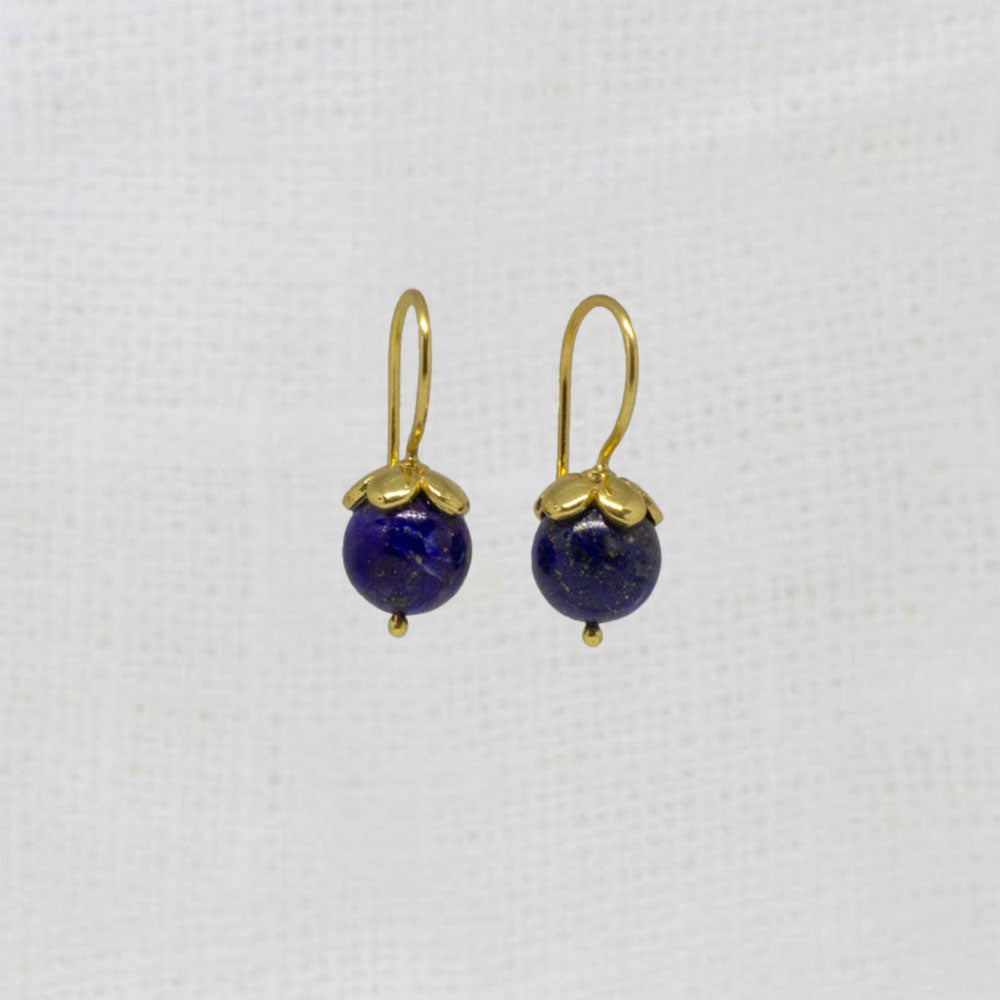 Round blue lapis lazuli gemstone earrings with gold vermeil hooks and flower cap | Beyond Biasa