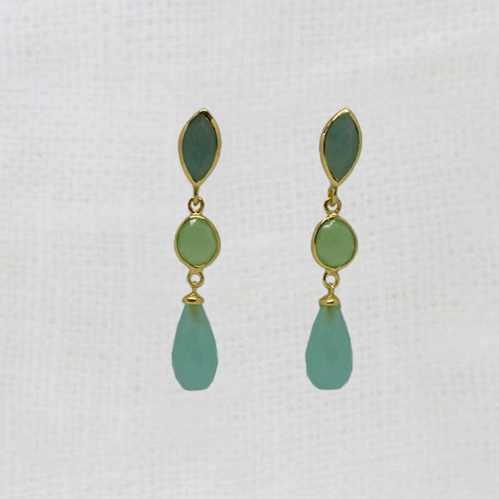 18k gold vermeil dangle earrings with a stud fitting - amazonite, prehnite and aqua chalcedony gemstones | Beyond Biasa