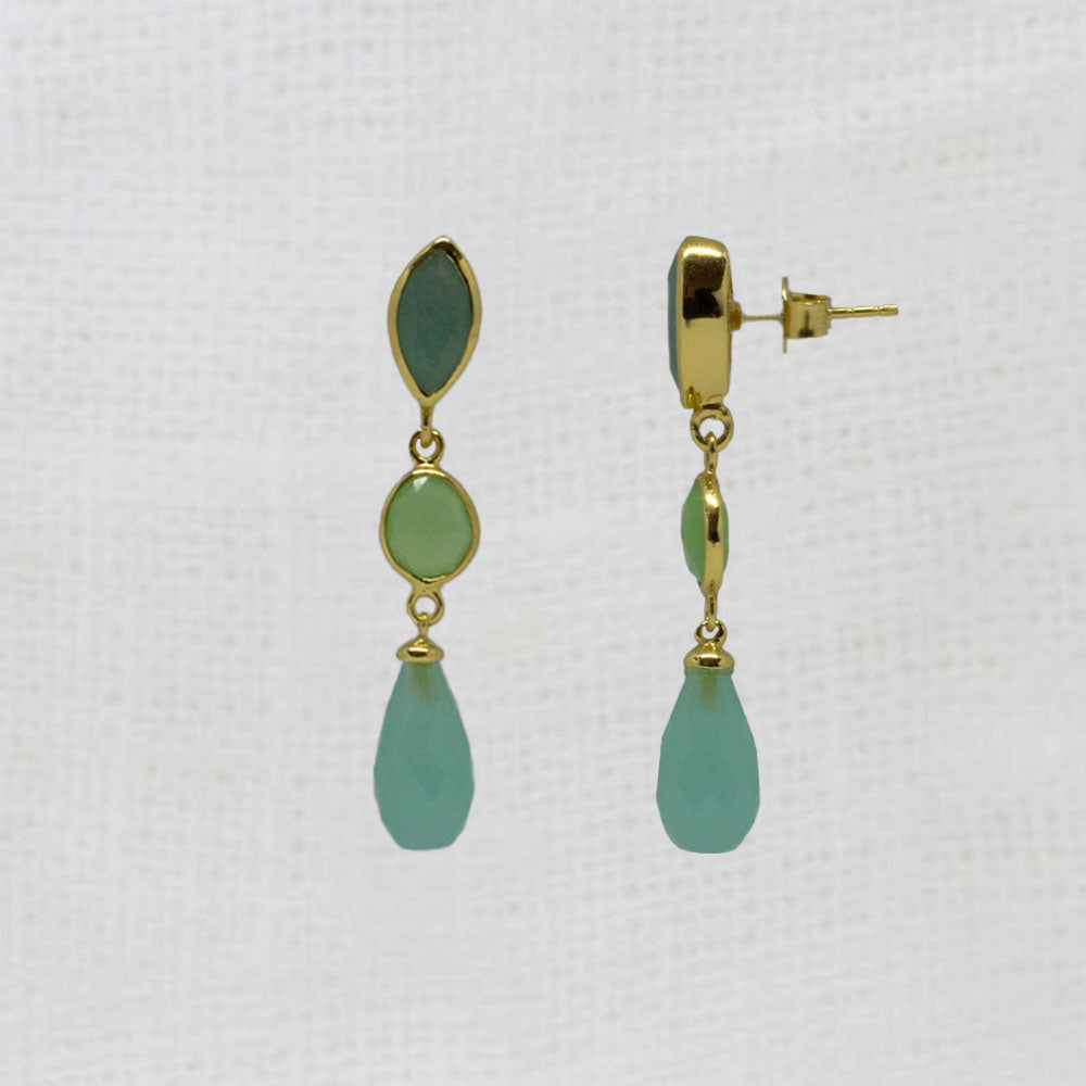 18k gold vermeil dangle earrings with a stud fitting - amazonite, prehnite and aqua chalcedony gemstones | Beyond Biasa