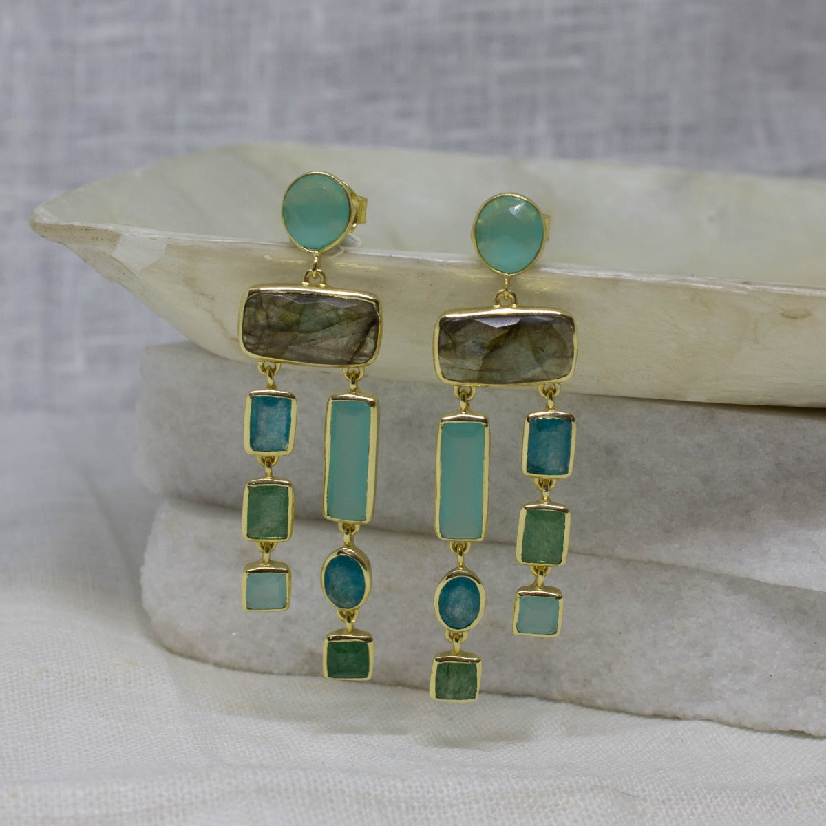 Aqua Chalcedony and Labradorite Chandelier Earrings - Beyond Biasa