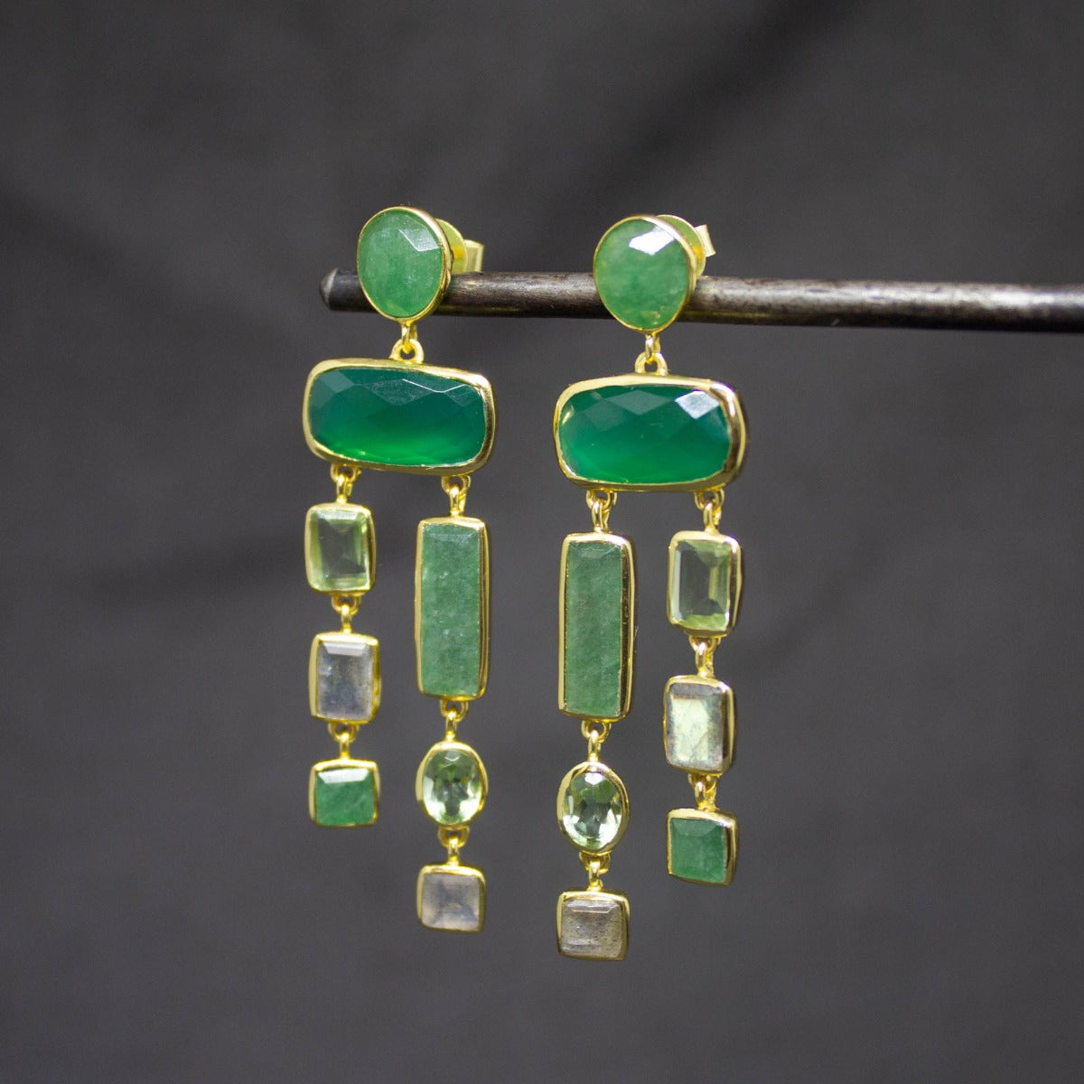 Green Onyx and Aventurine Chandelier Earrings