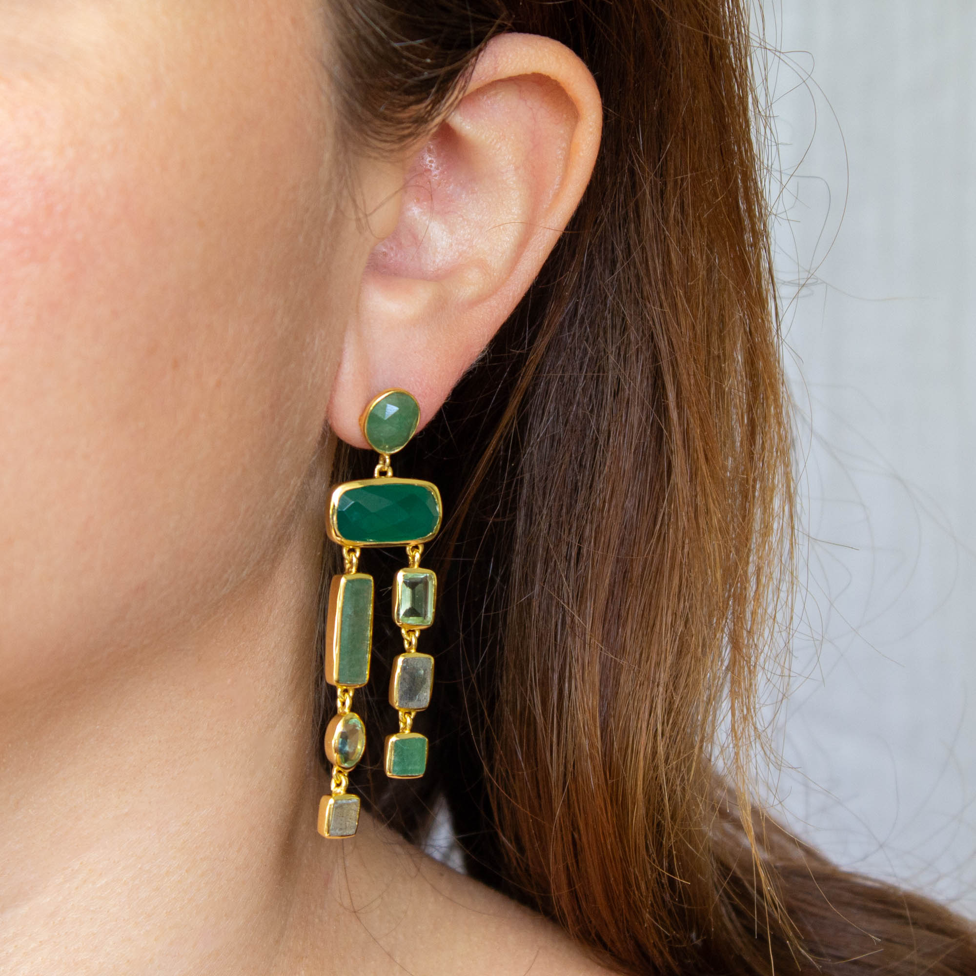 Green Onyx and Aventurine Chandelier Statement Earrings