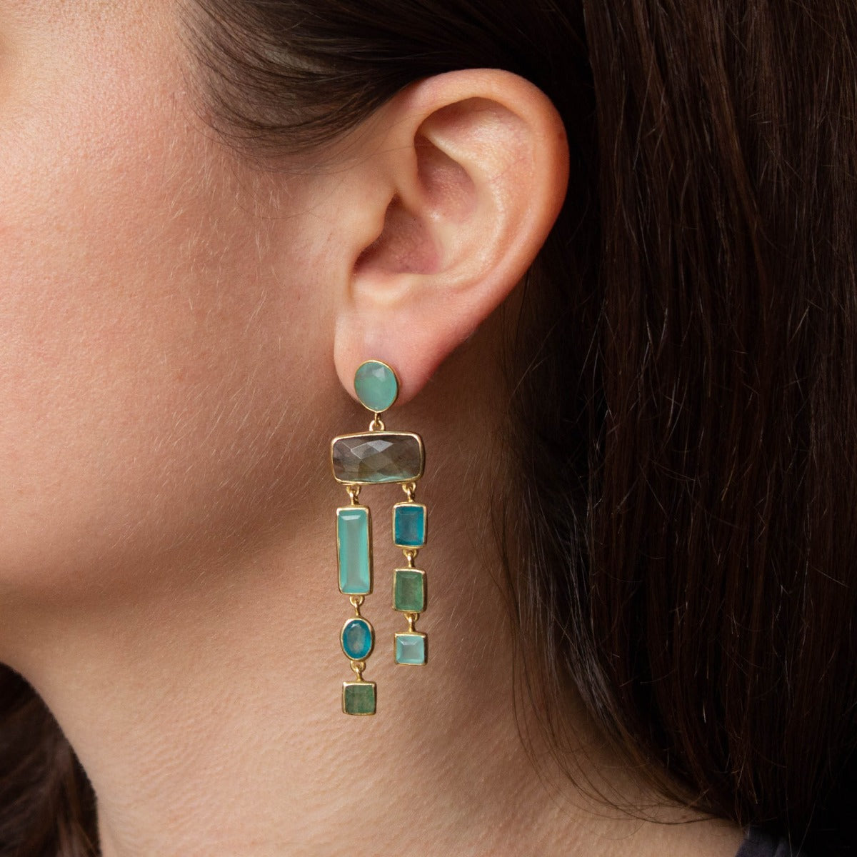 Aqua Chalcedony and Labradorite Chandelier Earrings - Beyond Biasa