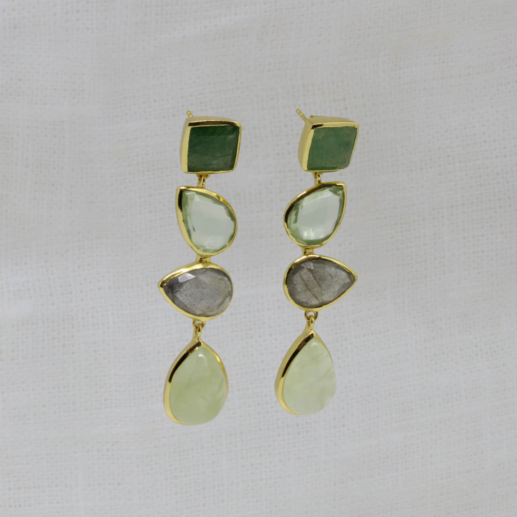 Green gemstone - aventurine, green amethyst, labradorite and prehnite - and gold vermeil long dangle earrings -  Beyond Biasa