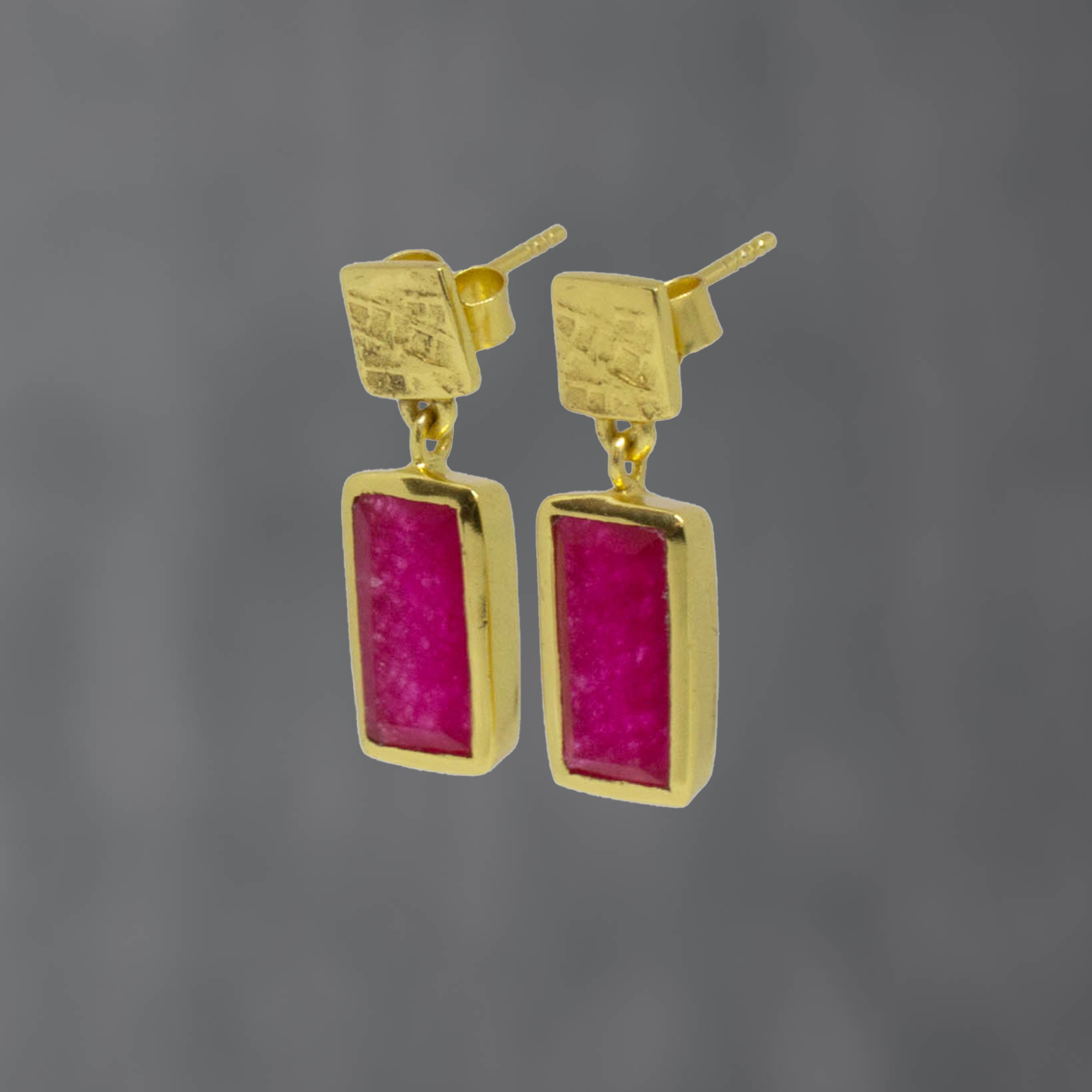 Textured Gold and Gemstone Rectangle Earrings - Beyond Biasa