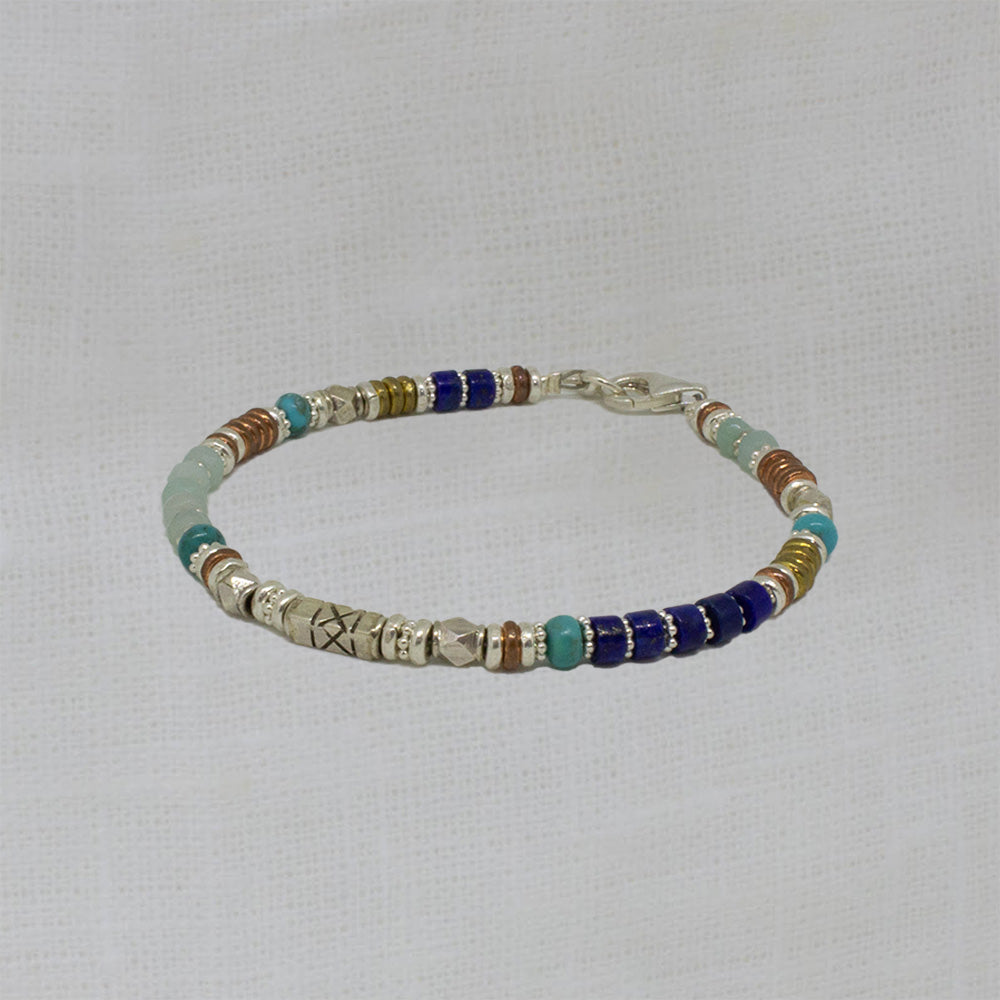 Gemstone beaded bracelet with lapis lazuli, amazonite and turquoise with sterling silver, copper and brass beads.