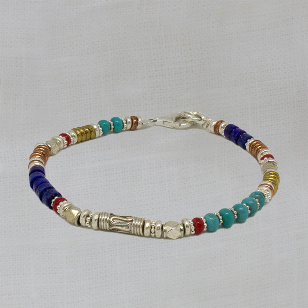 Beaded gemstone bracelet with turquoise, lapis and coral with sterling silver, copper and brass beads - Beyond Biasa
