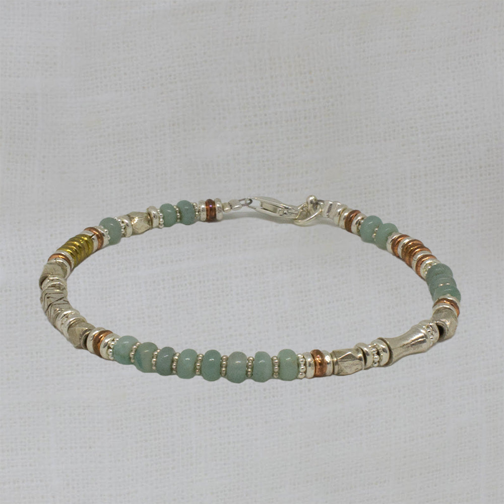 Beaded bracelet with amazonite gemstone, silver, copper and brass
