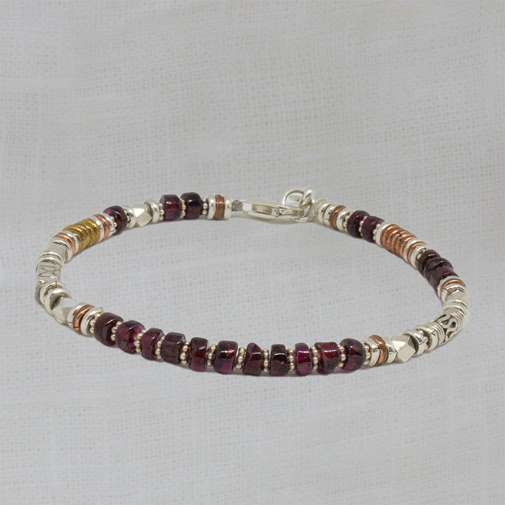 Garnet Beaded Bracelet with sterling silver, copper and brass beads - Beyond Biasa