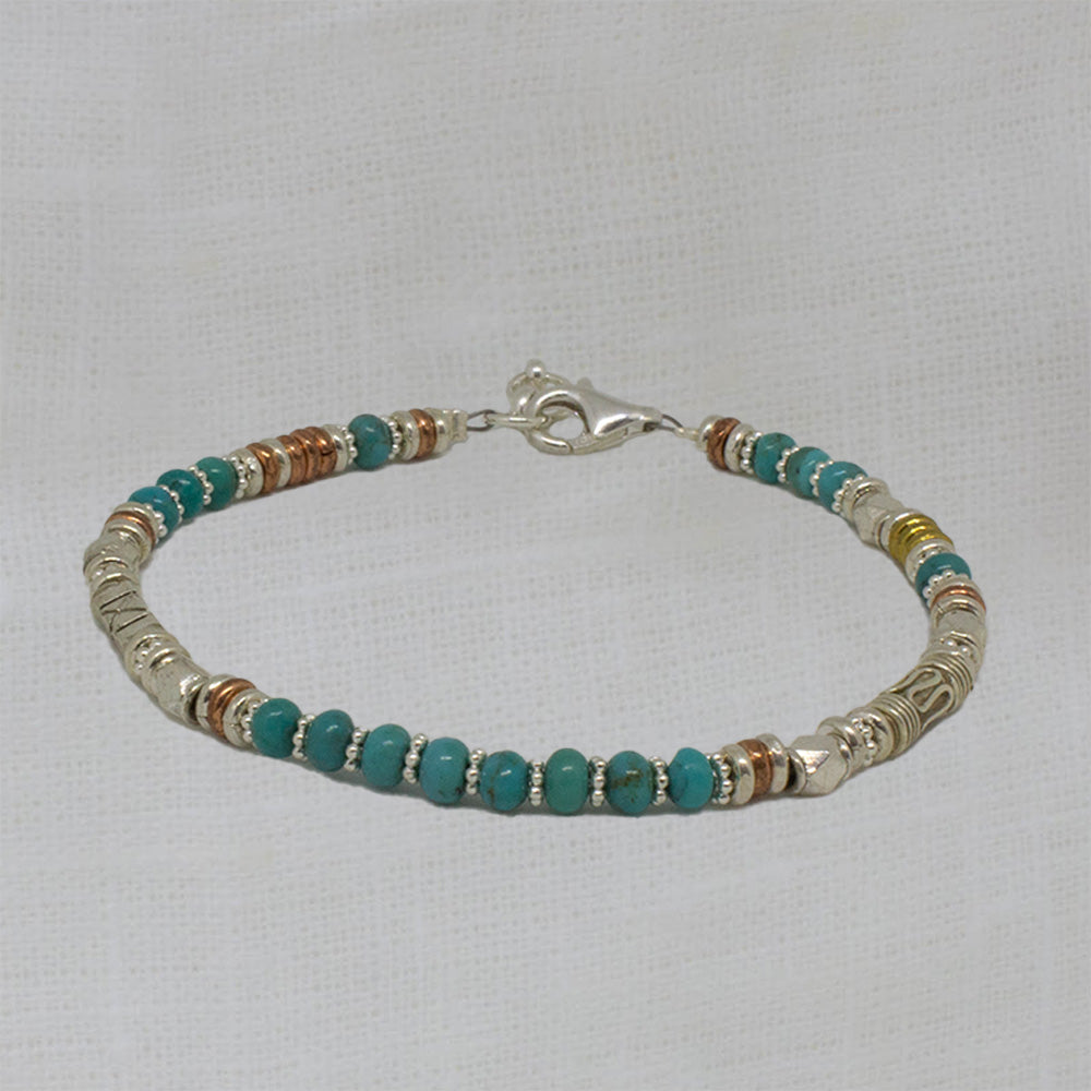 Turquoise natural gemstone beaded bracelet with sterling silver, copper and brass - Beyond Biasa