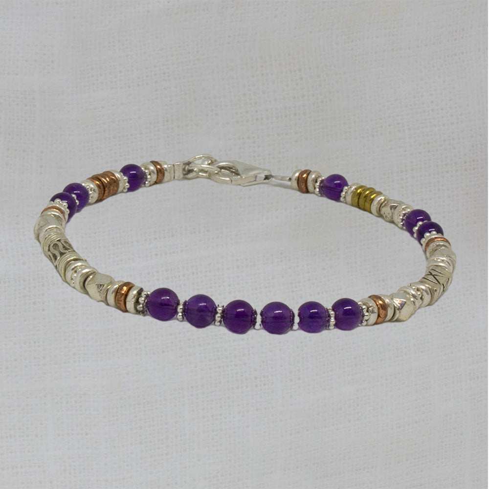 Amethyst beaded bracelet handmade with sterling silver, copper and brass - Beyond Biasa