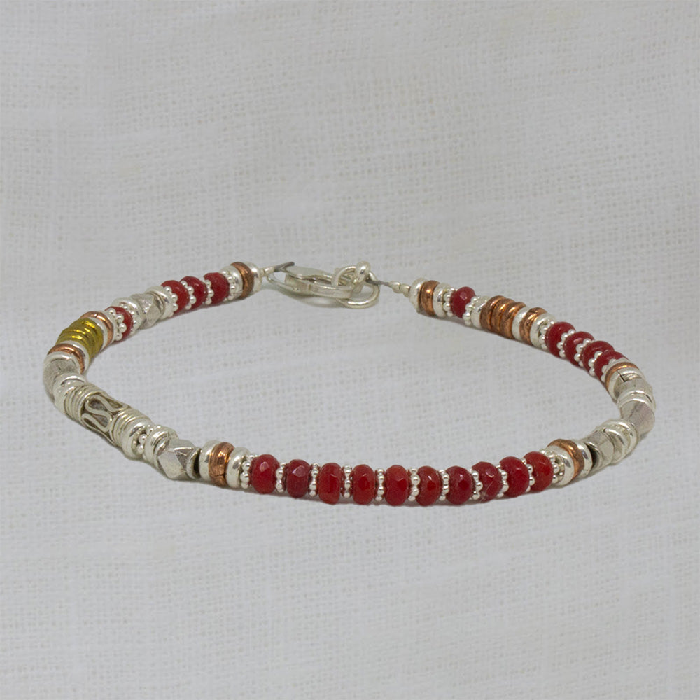 Gemstone beaded bracelet, handmade with red coral, sterling silver, copper and brass beads - Beyond Biasa