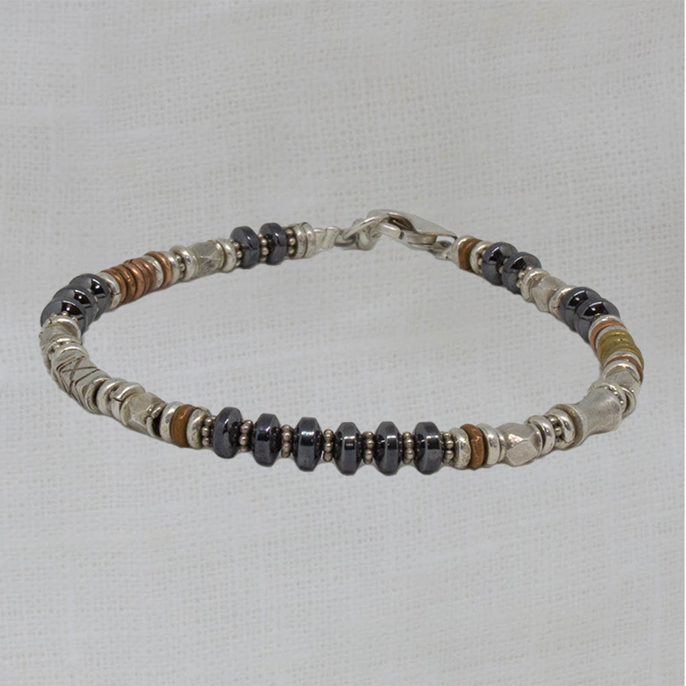 Hematite and mixed metals beaded bracelet with sterling silver, copper and brass - Beyond Biasa 