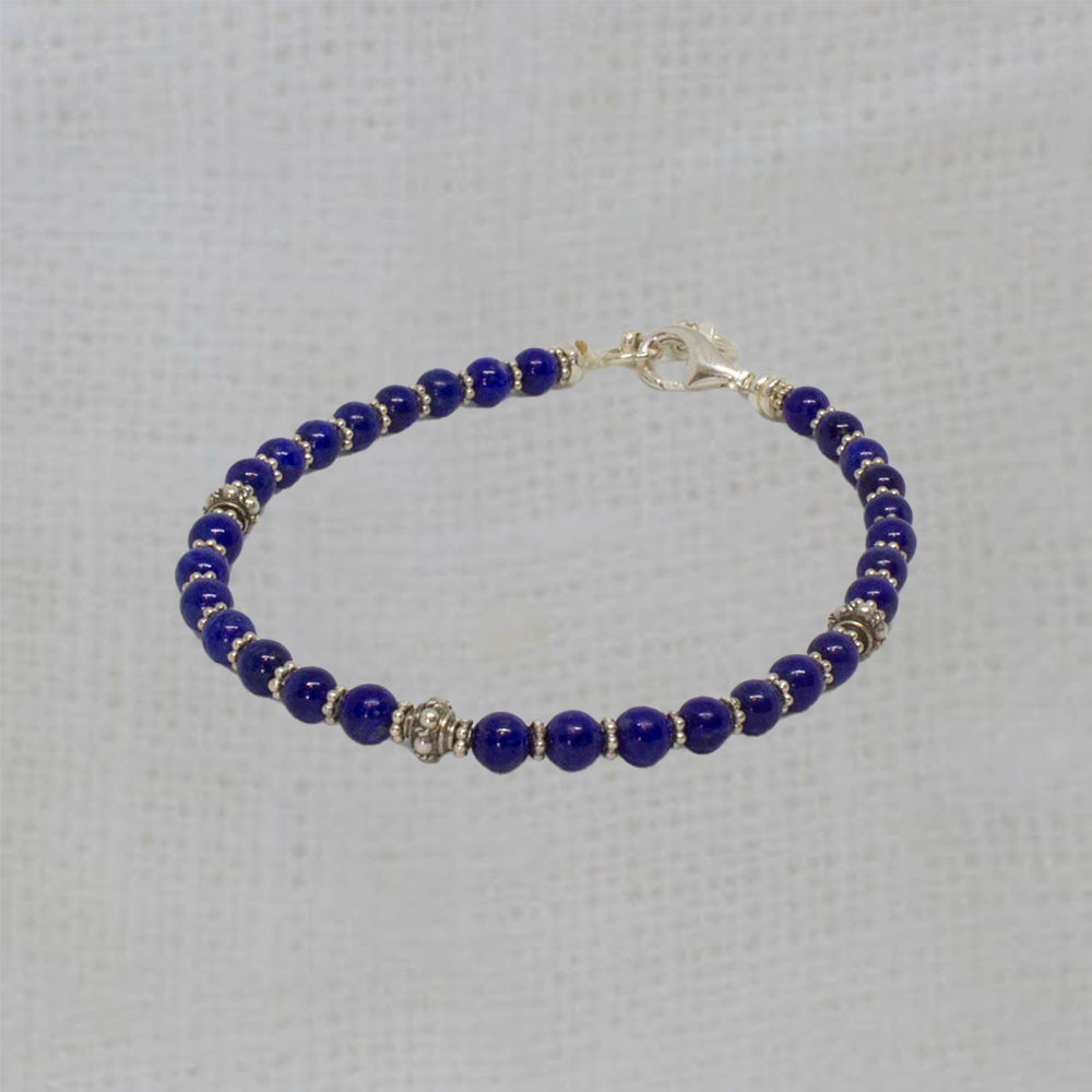 Blue lapis lazuli gemstone beaded stacking bracelet in sterling silver - Beyond Biasa