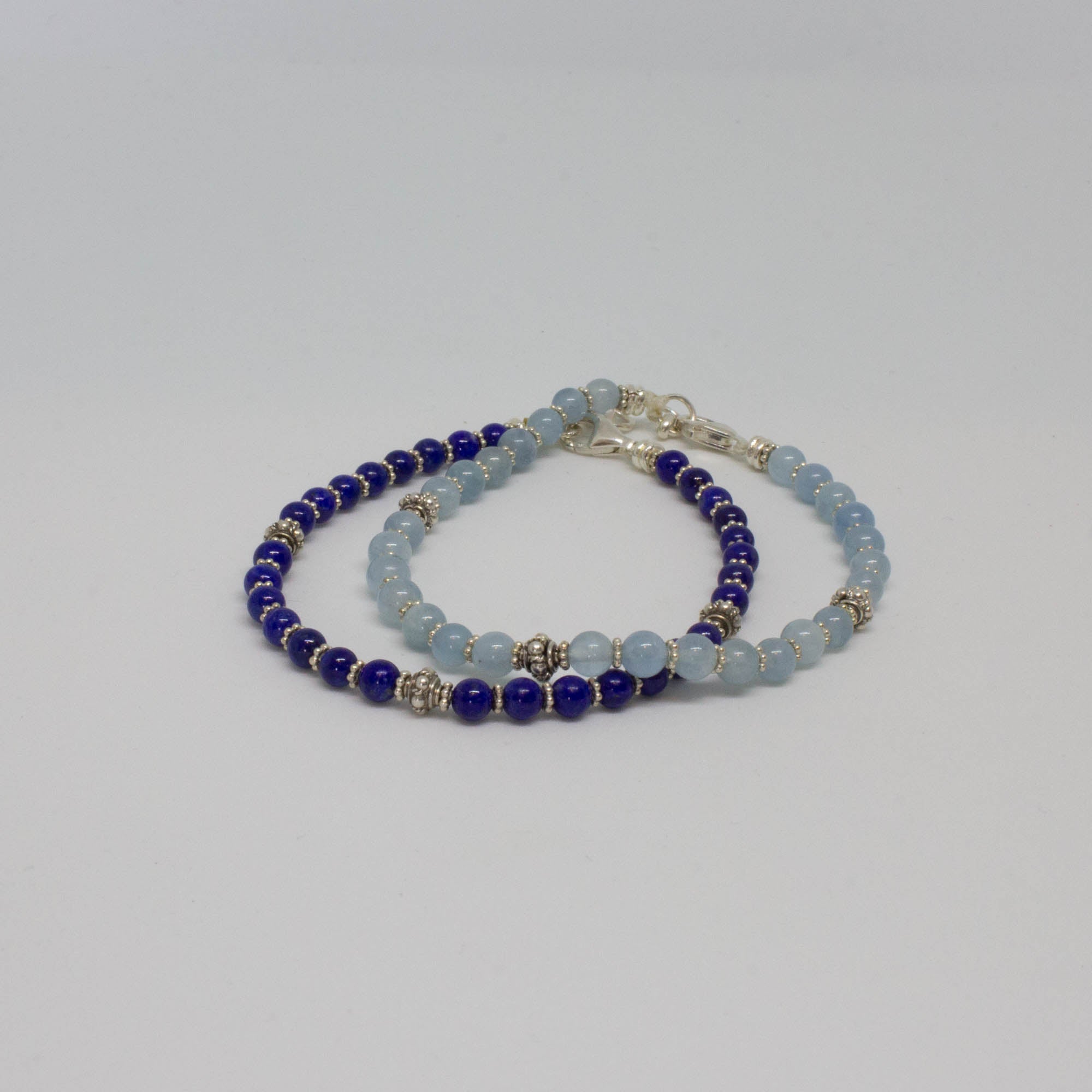 Blue chalcedony and lapis lazuli gemstone beaded stacking bracelets in sterling silver - Beyond Biasa