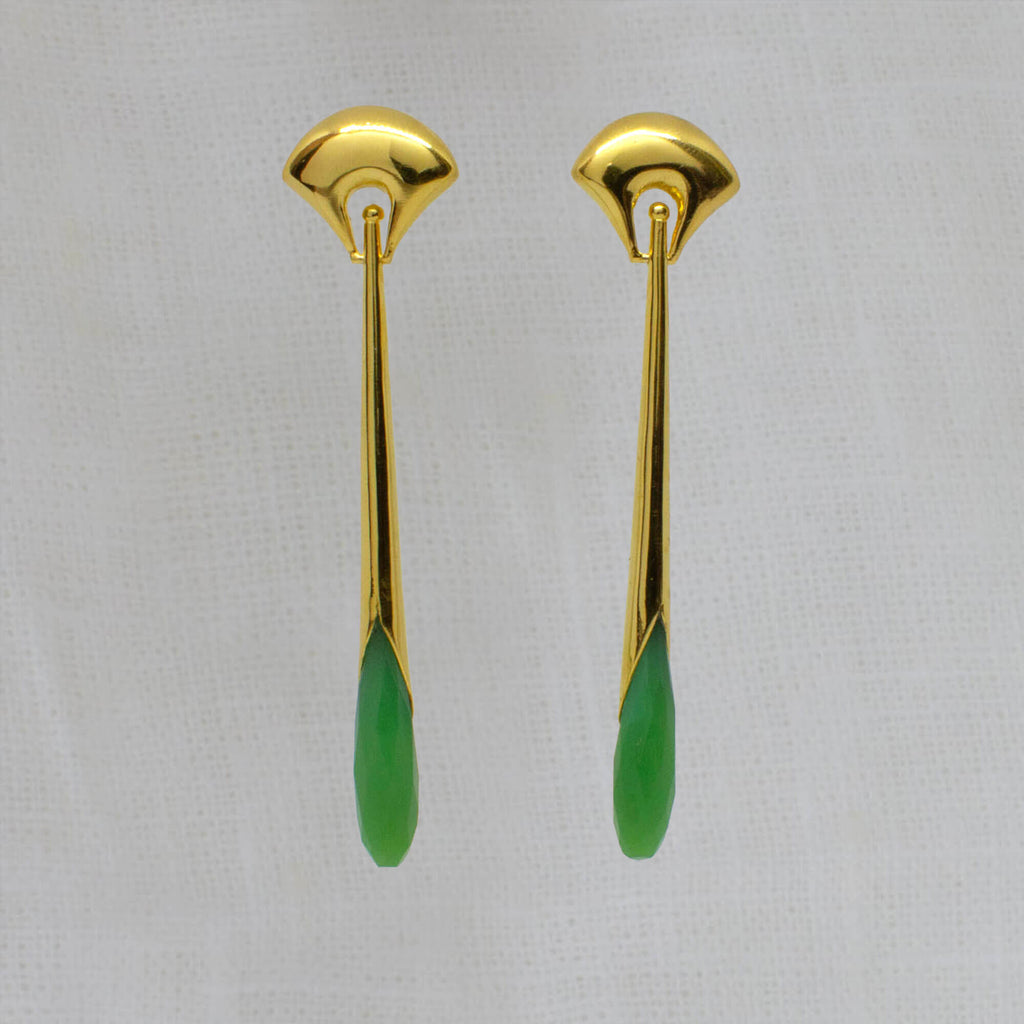 Long statement earrings in 18k gold vermeil with a curved stud and long drop with faceted chrysoprase gemstone