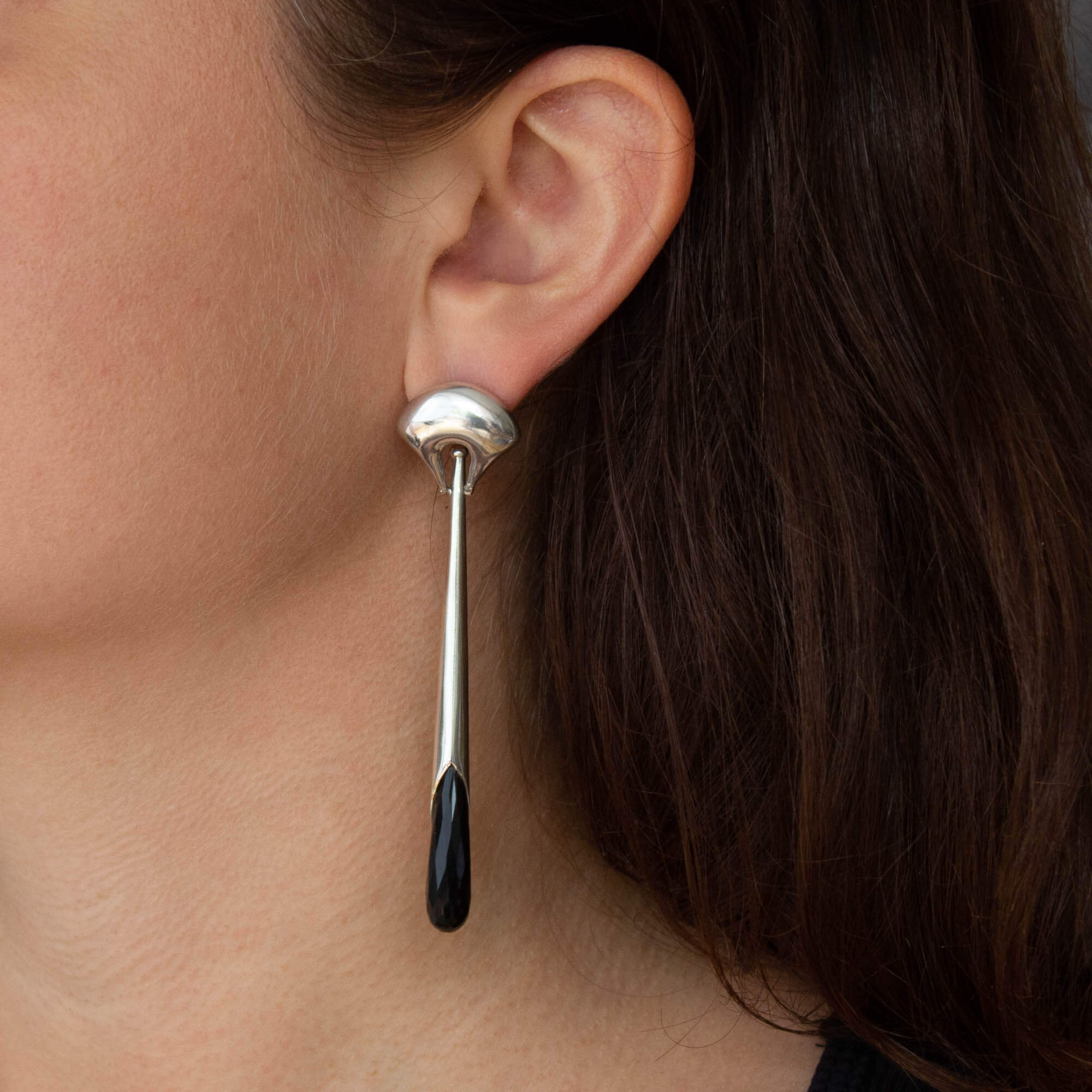 Black Onyx and Sterling Silver Art Deco Style Long Earrings with a Curved Stud Fitting and Long Drop