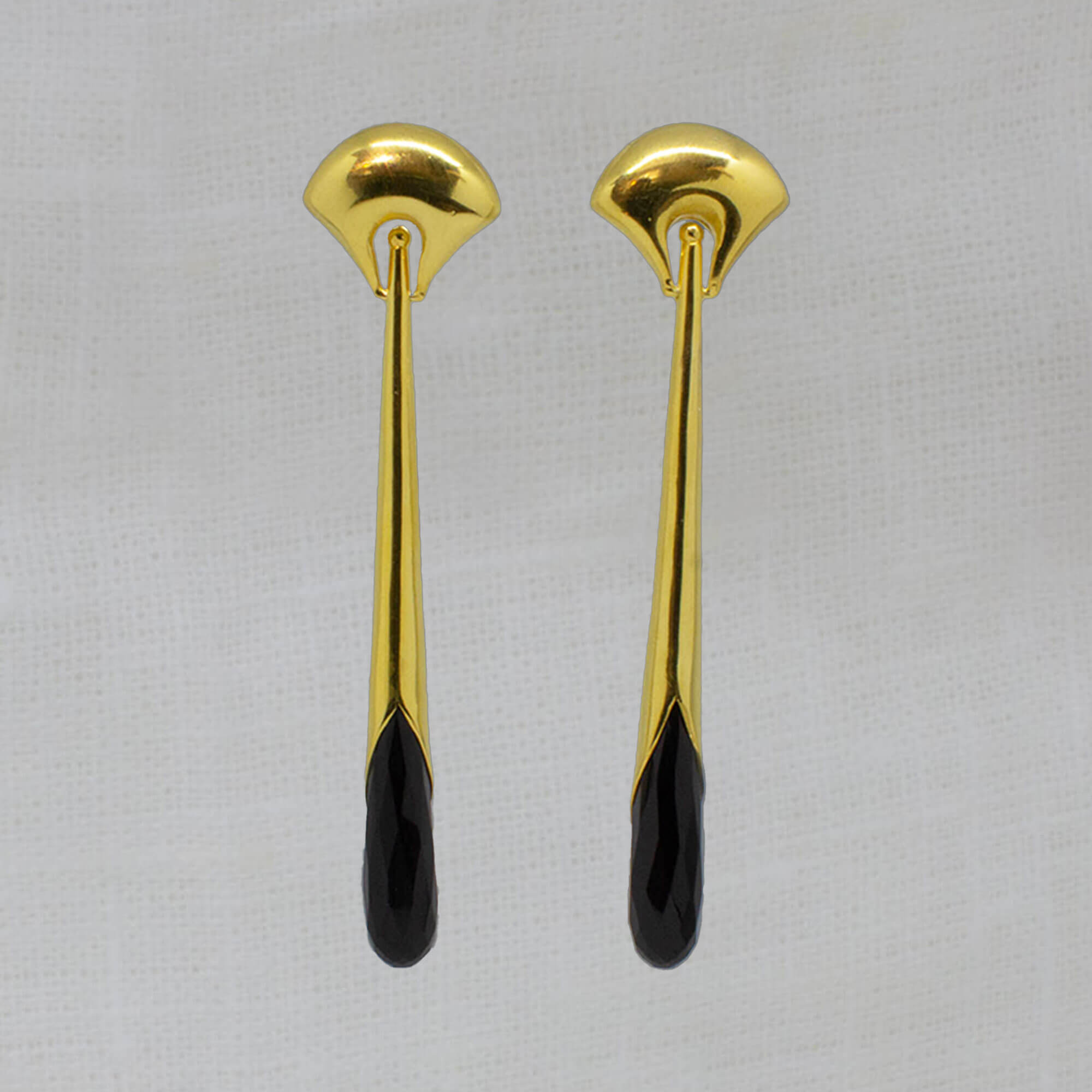 Black Onyx and Gold Vermeil Art Deco Style Long Earrings with a Curved Stud Fitting and Long Drop