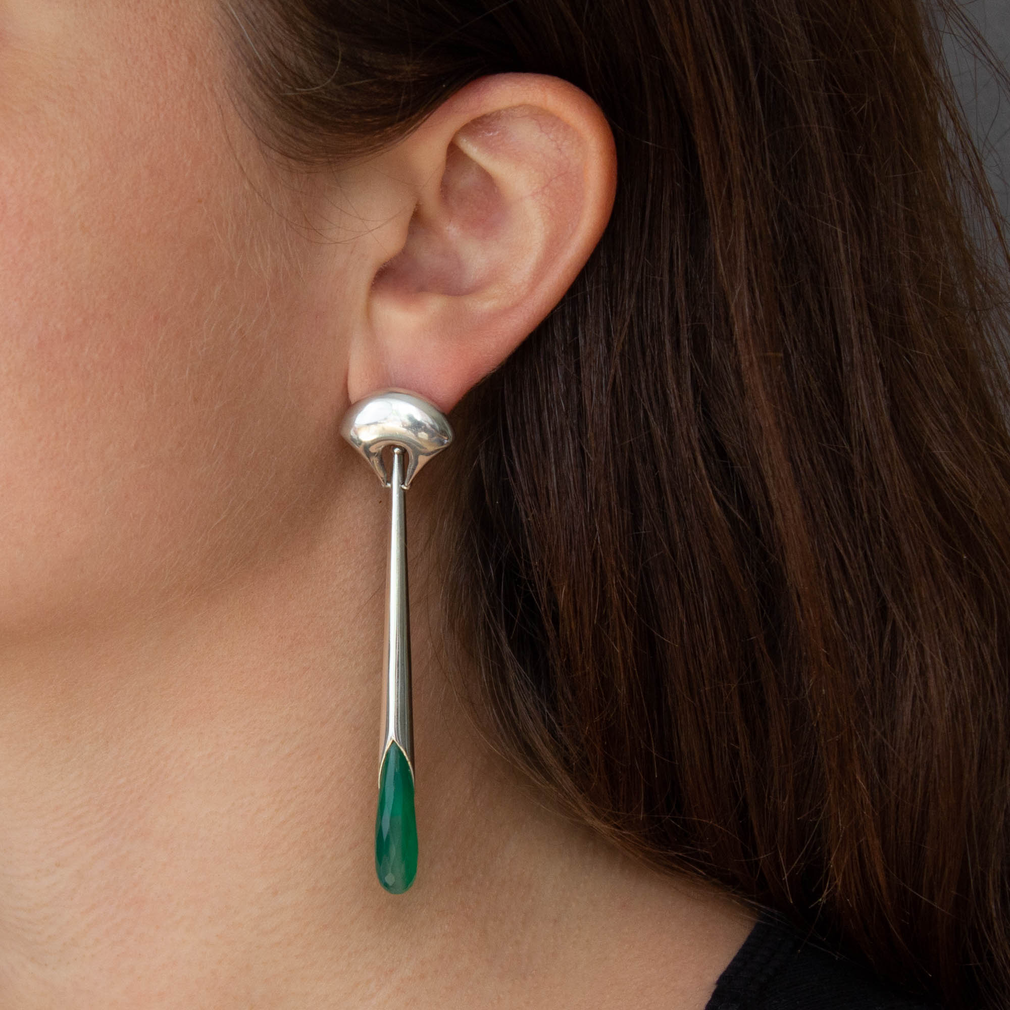 Green Onyx and Sterling Silver Art Deco Style Long Earrings with a Curved Stud Fitting and Long Drop