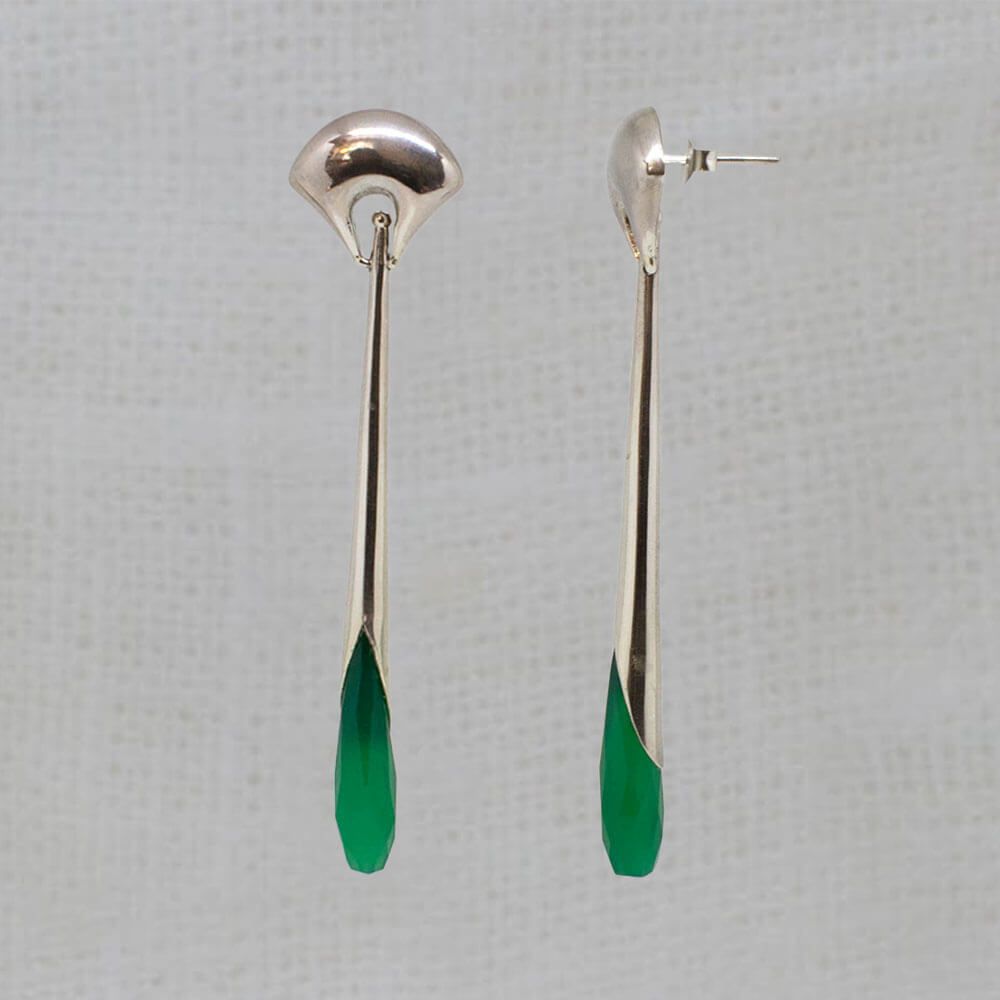 Green Onyx and Sterling Silver Art Deco Style Long Earrings with a Curved Stud Fitting and Long Drop