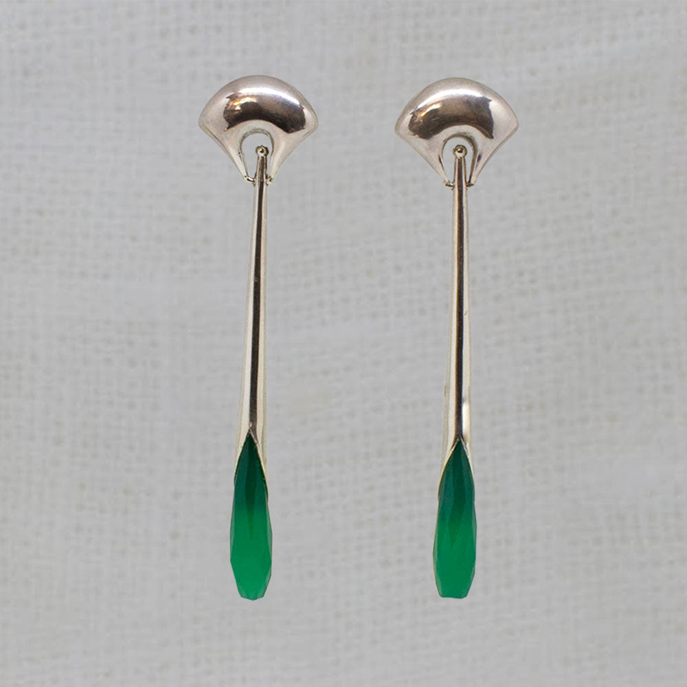 Green Onyx and Sterling Silver Art Deco Style Long Earrings with a Curved Stud Fitting and Long Drop