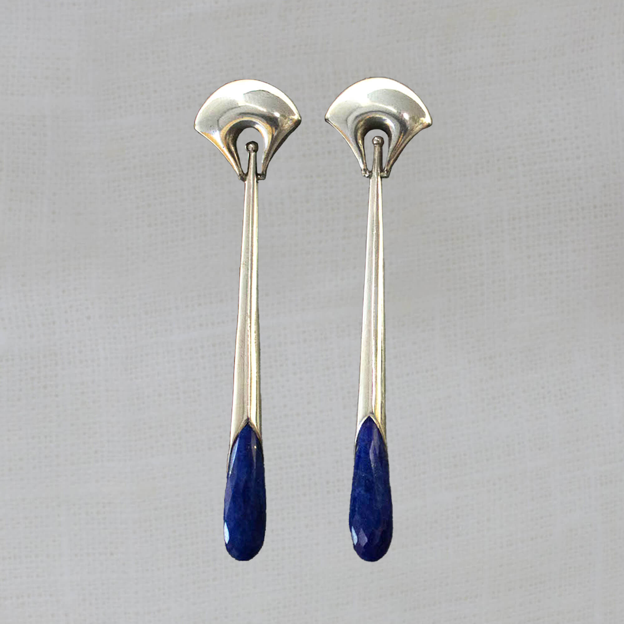 Lapis Lazuli and Sterling Silver Art Deco Style Long Earrings with a Curved Stud Fitting and Long Drop