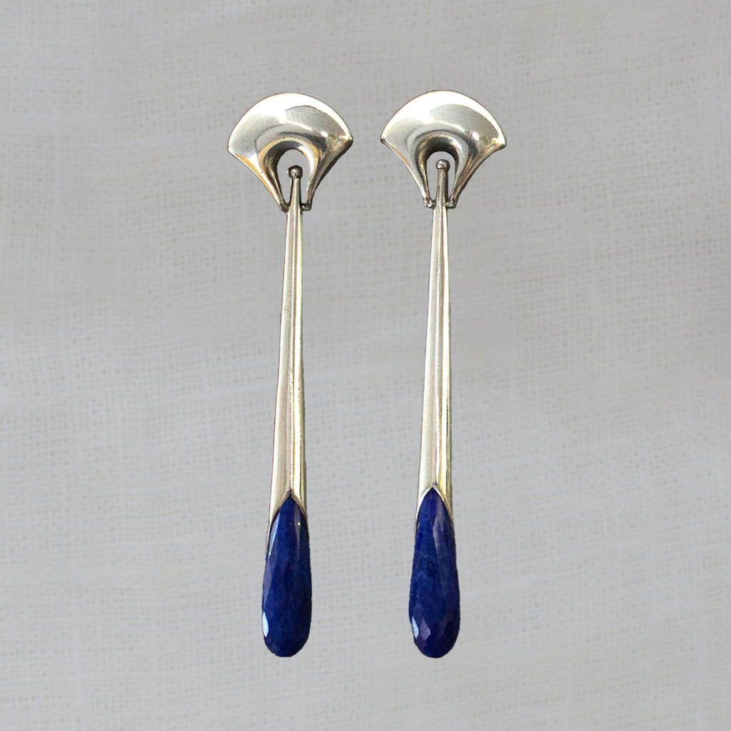 Lapis Lazuli and Sterling Silver Art Deco Style Long Earrings with a Curved Stud Fitting and Long Drop