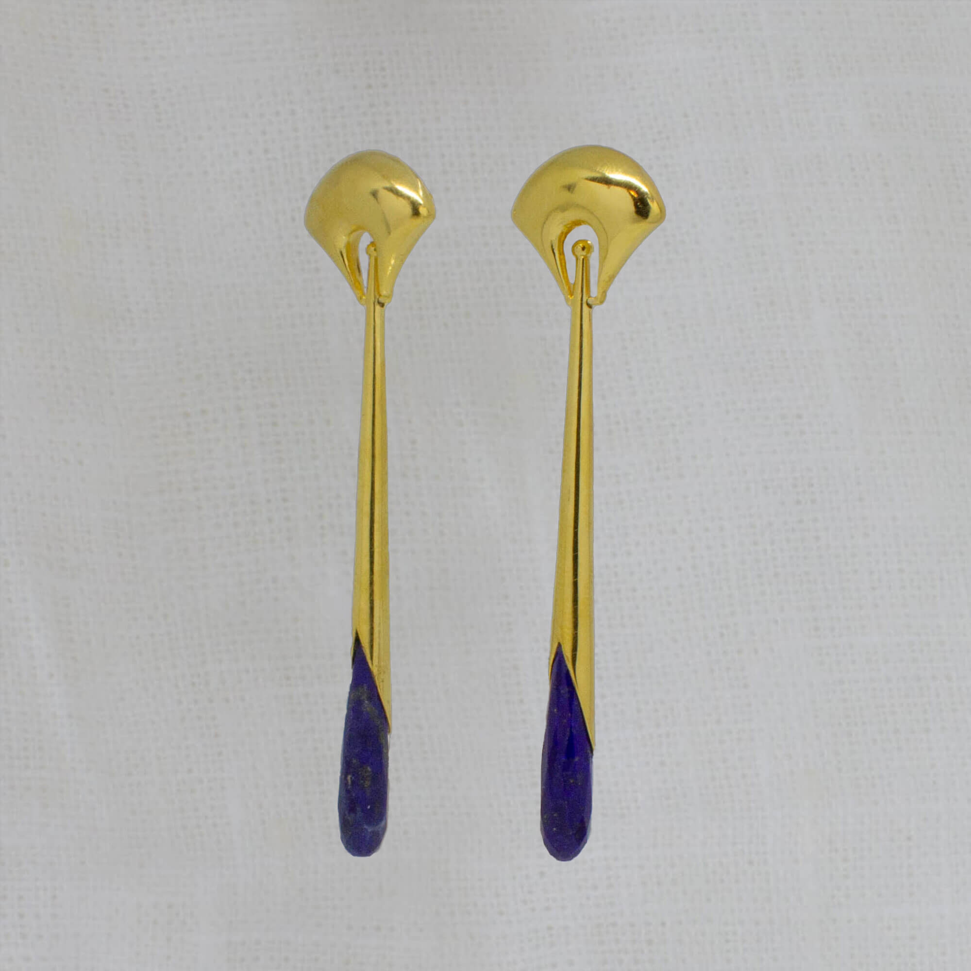 Lapis Lazuli and Gold Vermeil Art Deco Style Long Earrings with a Curved Stud Fitting and Long Drop