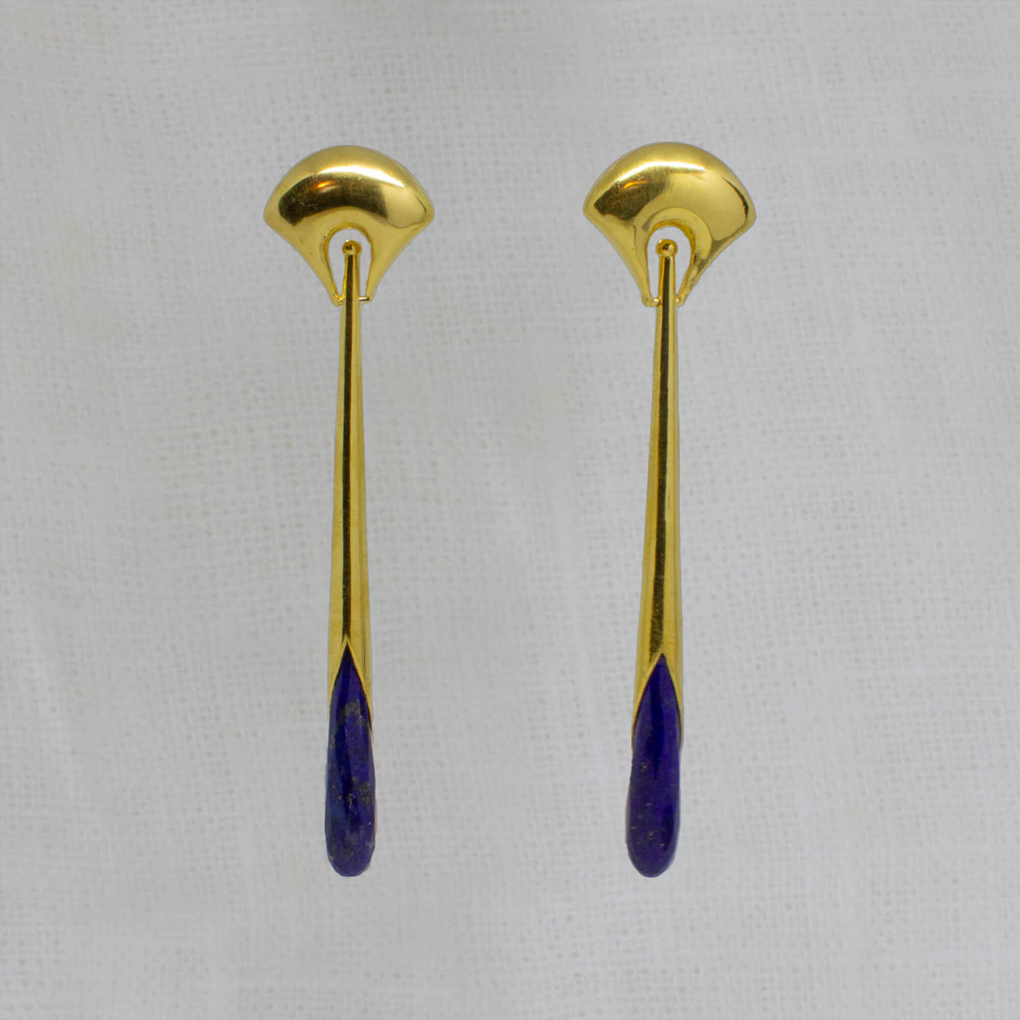 Lapis Lazuli and Gold Vermeil Art Deco Style Long Earrings with a Curved Stud Fitting and Long Drop