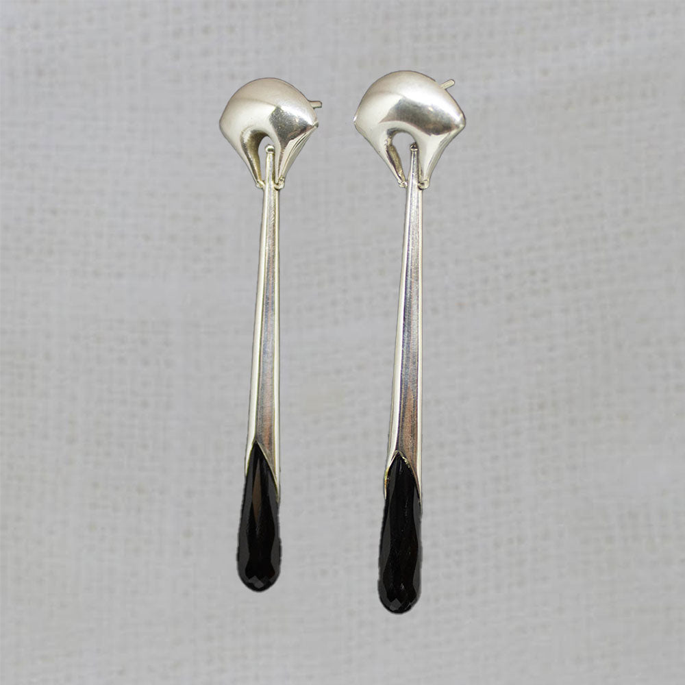 Black Onyx and Sterling Silver Art Deco Style Long Earrings with a Curved Stud Fitting and Long Drop