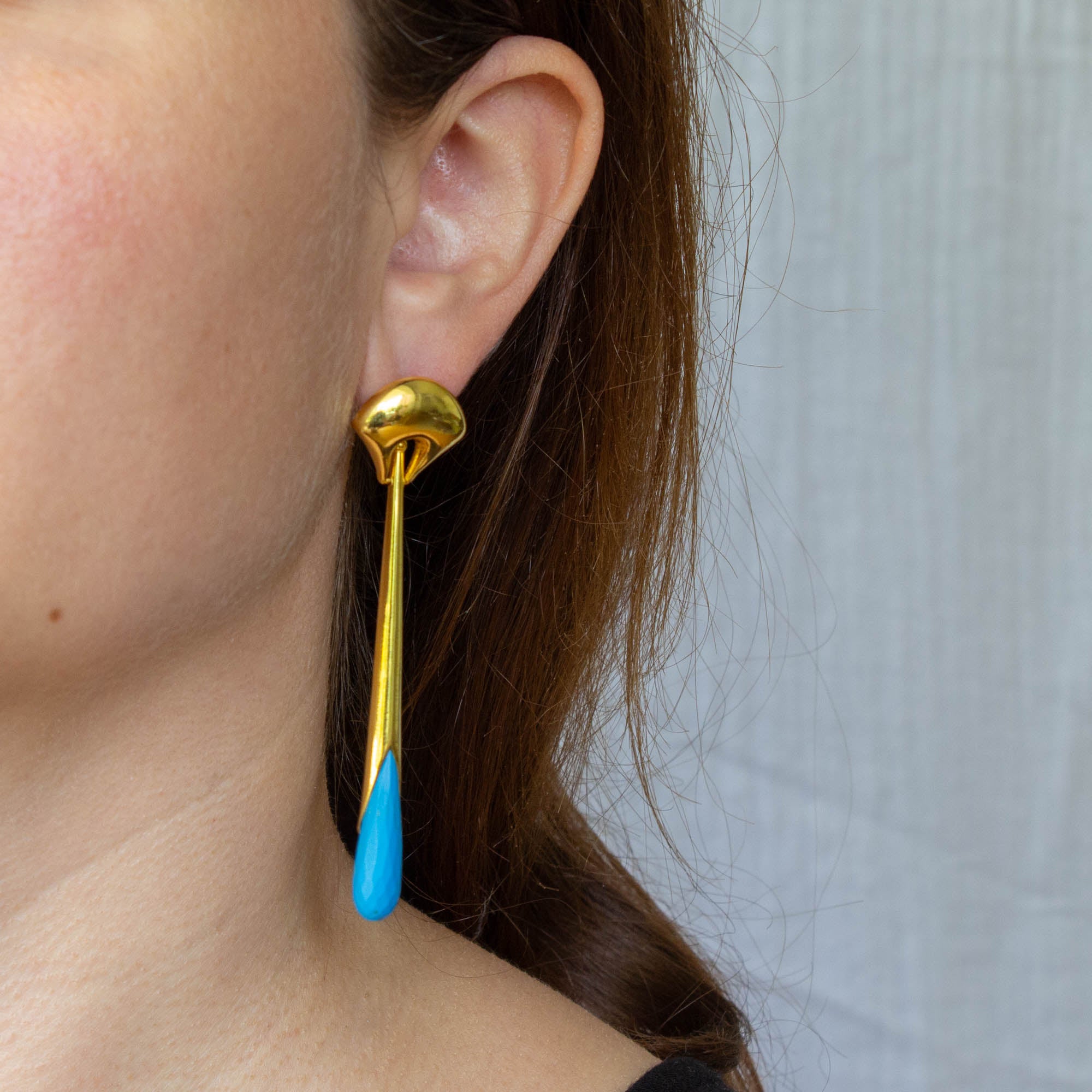 Lapis Lazuli and Gold Vermeil Art Deco Style Long Earrings with a Curved Stud Fitting and Long Drop