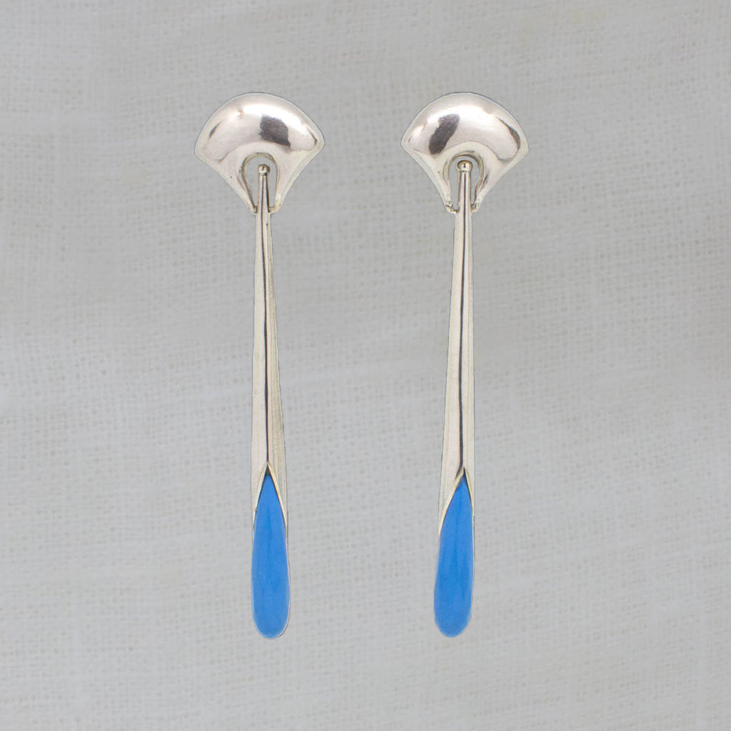 Turquoise and Sterling Silver Art Deco Style Long Earrings with a Curved Stud Fitting and Long Drop