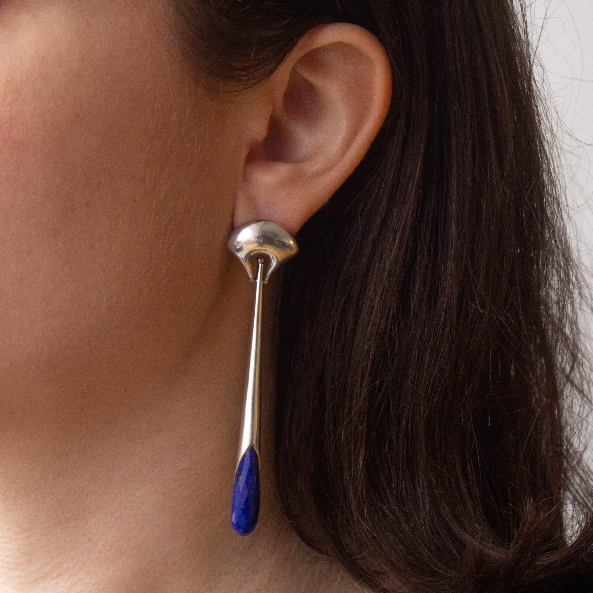 Lapis Lazuli and Gold Vermeil Art Deco Style Long Earrings with a Curved Stud Fitting and Long Drop