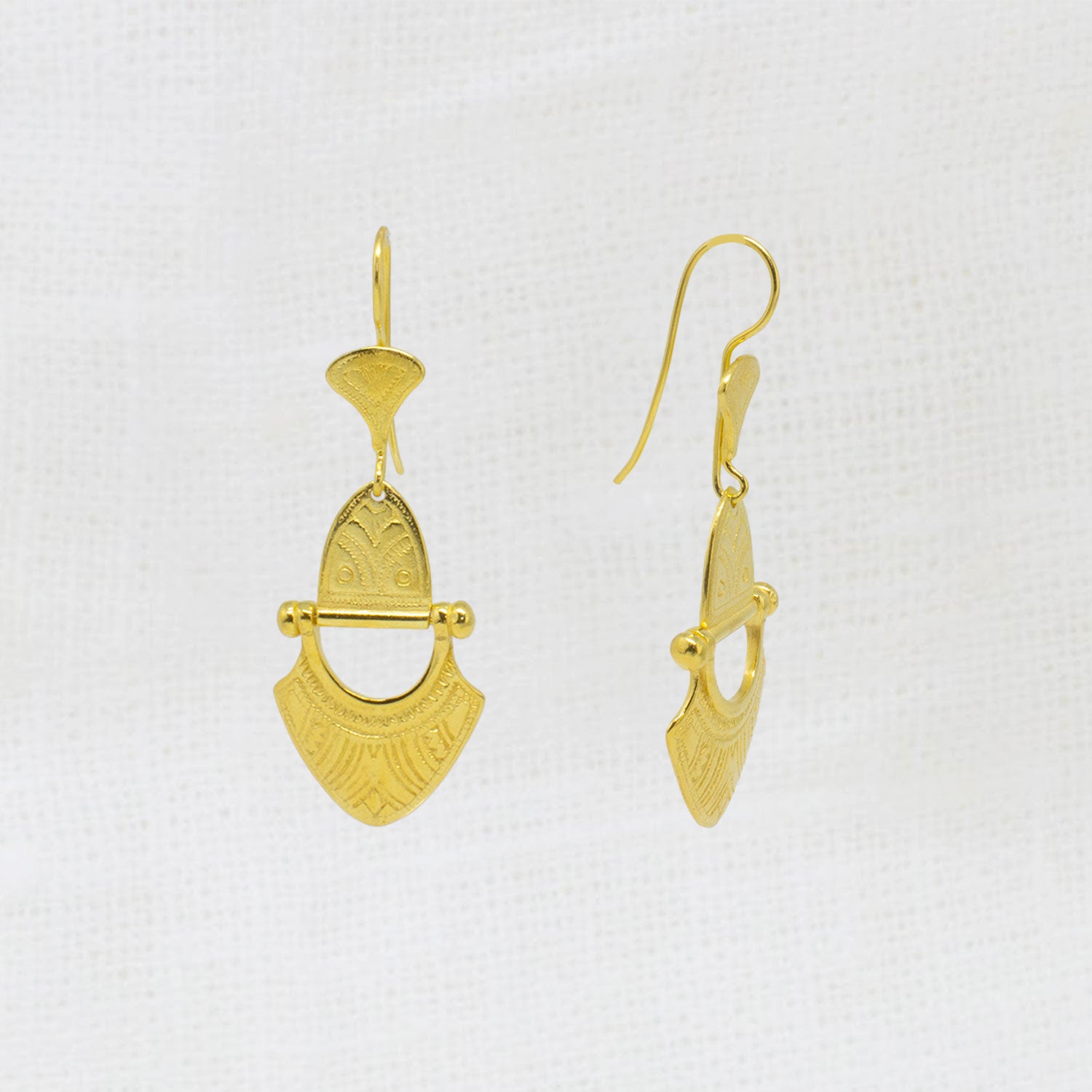 18k gold vermeil hinged tuareg inspired drop earrings with a hook fitting | Beyond Biasa