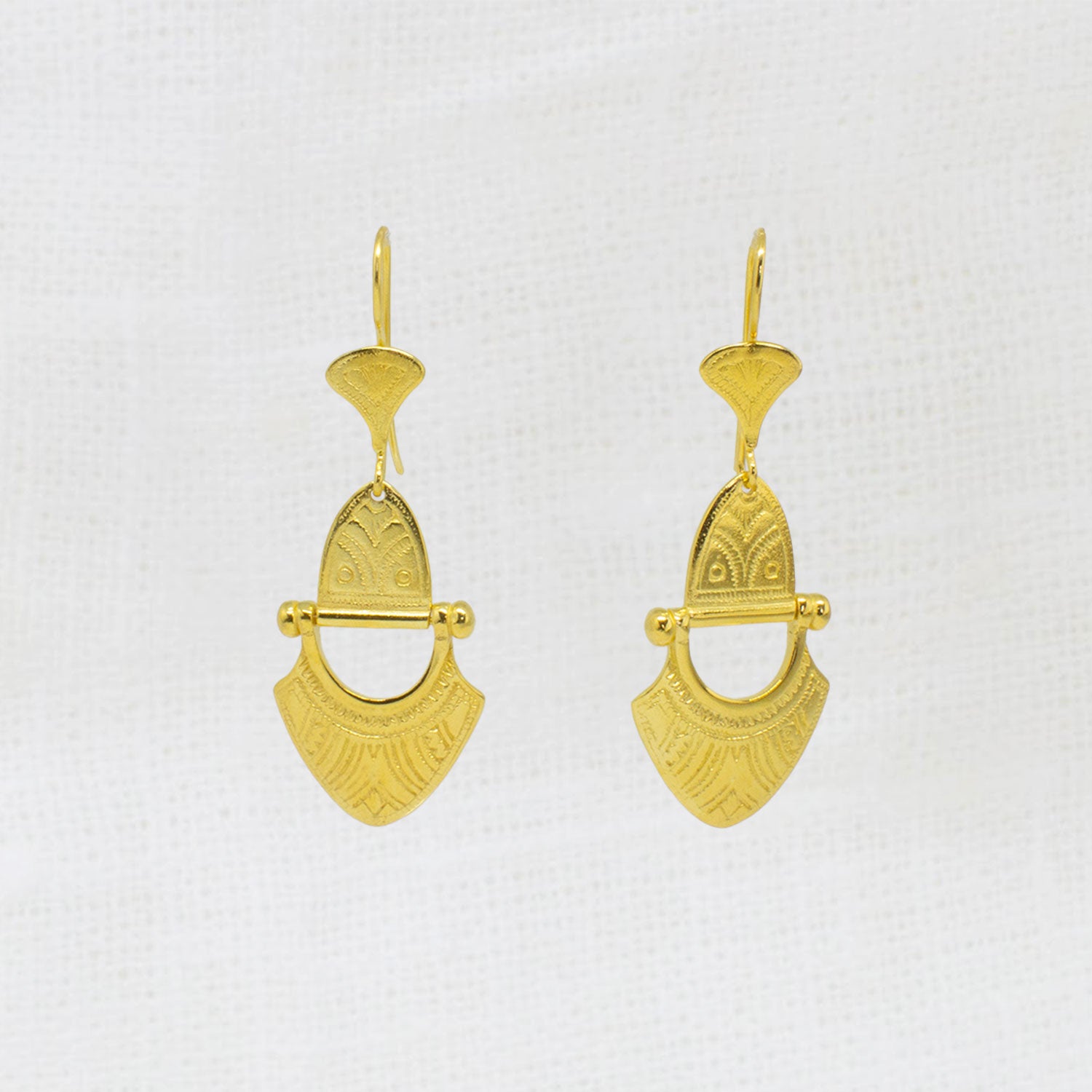 18k gold vermeil hinged tuareg inspired drop earrings with a hook fitting | Beyond Biasa