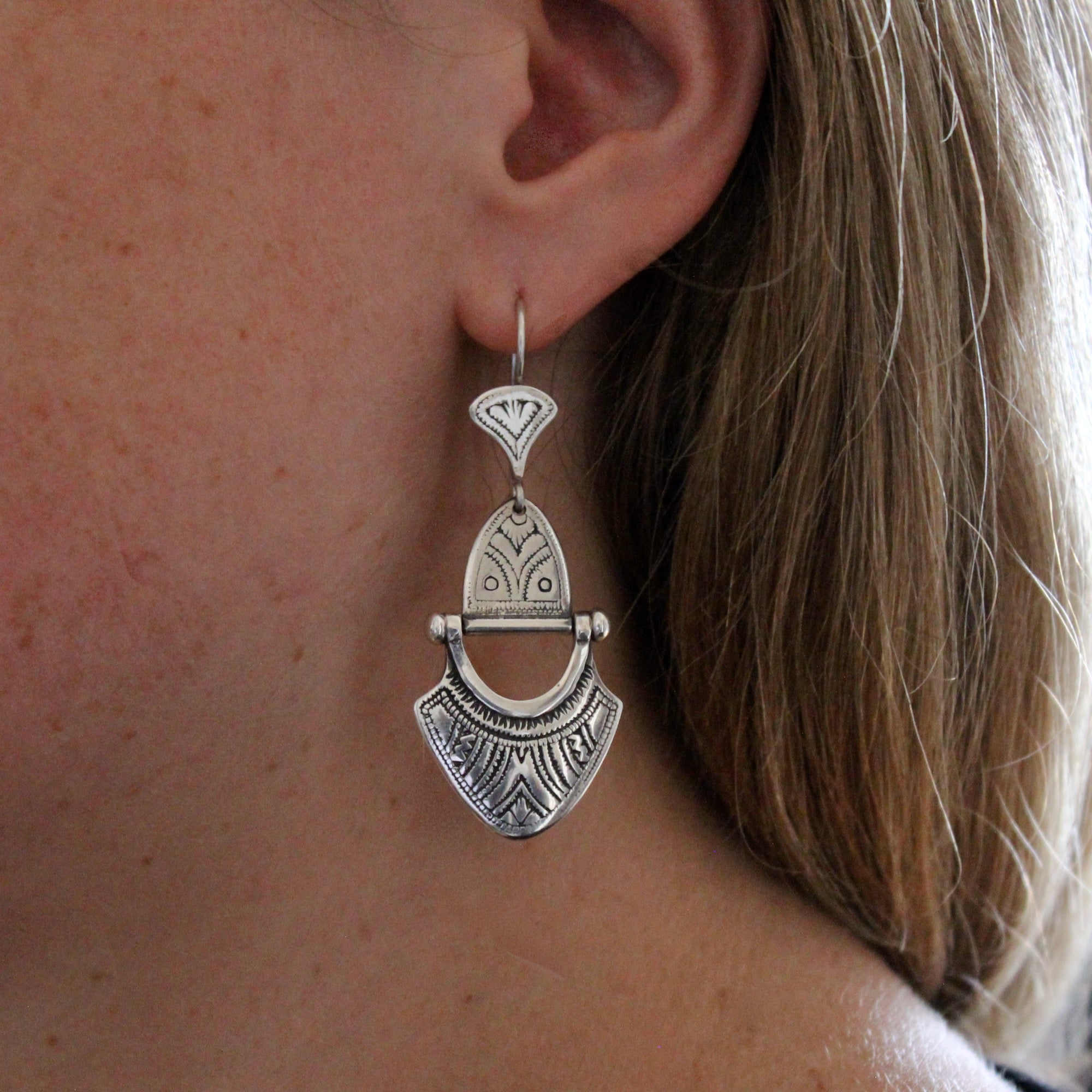 Model wearing boho style tuareg engraved earrings | Beyond Biasa