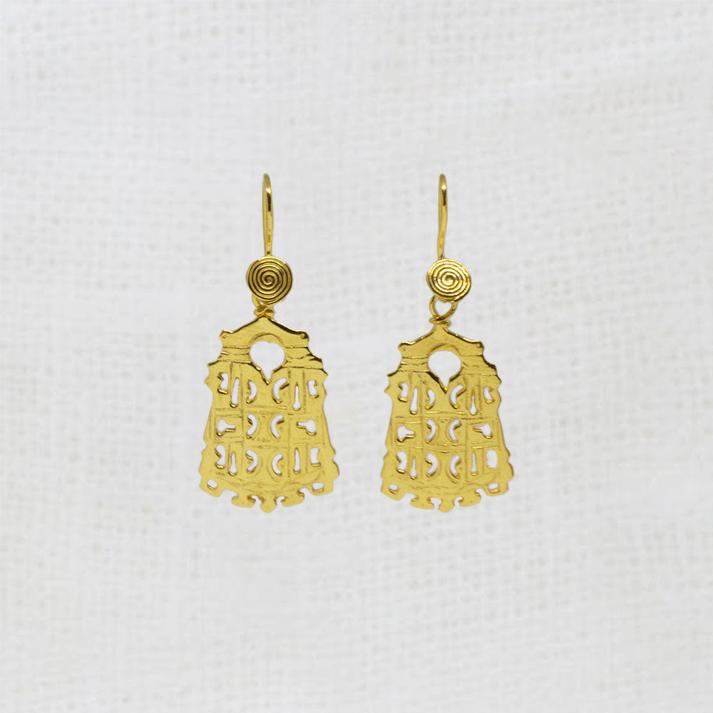 A pair of gold vermeil earrings with a geometric maroc design, featuring intricate cut-out patterns.