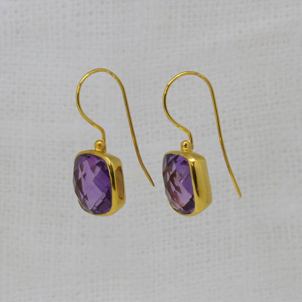 Amethyst and Gold Square Drop Hook Earrings - Beyond Biasa