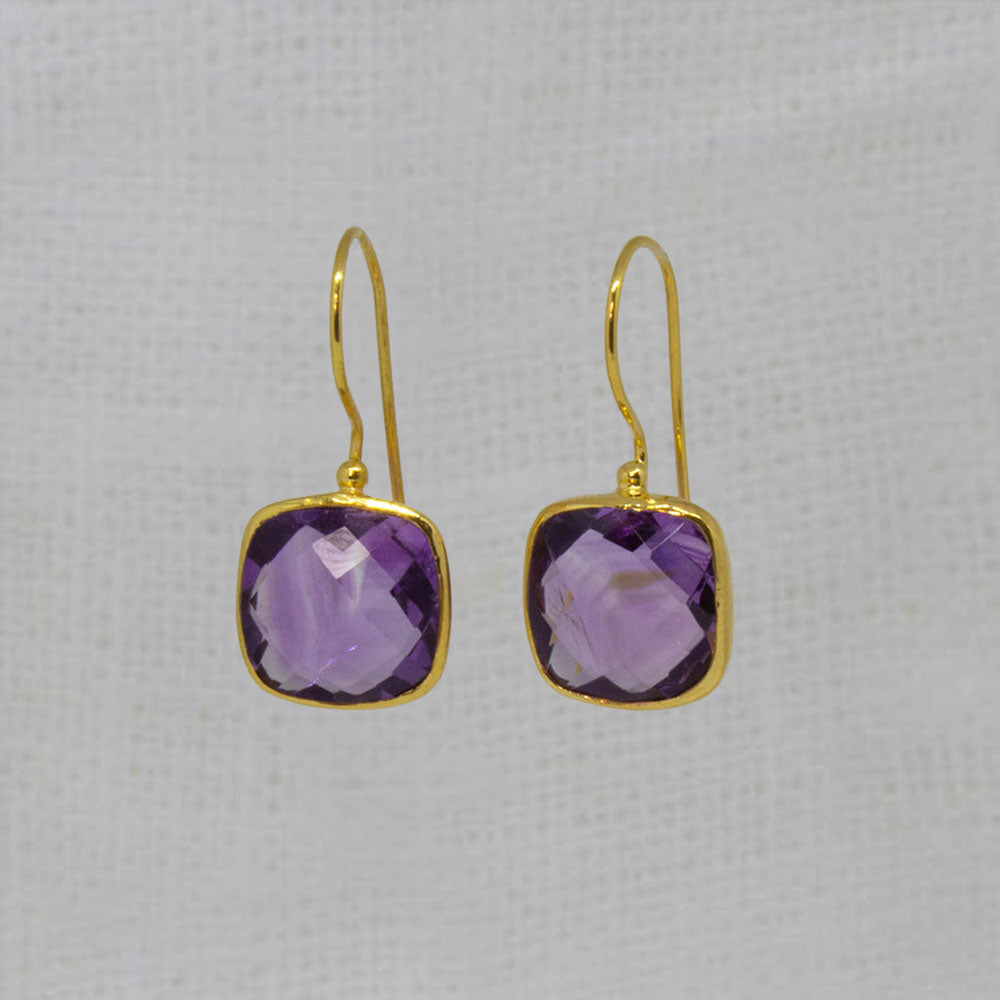 Amethyst and Gold Square Drop Hook Earrings - Beyond Biasa