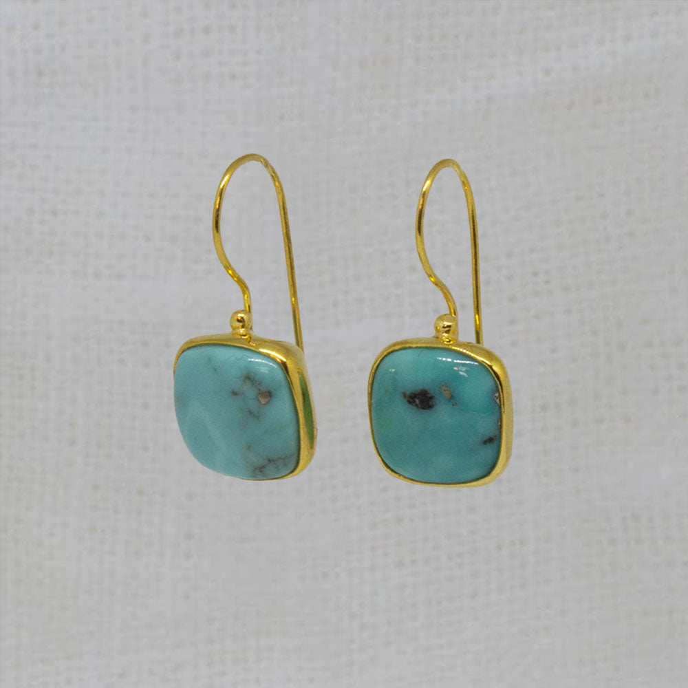 Square natural turquoise cabochon gemstone earrings in 18k gold vermeil - Beyond Biasa Jewellery