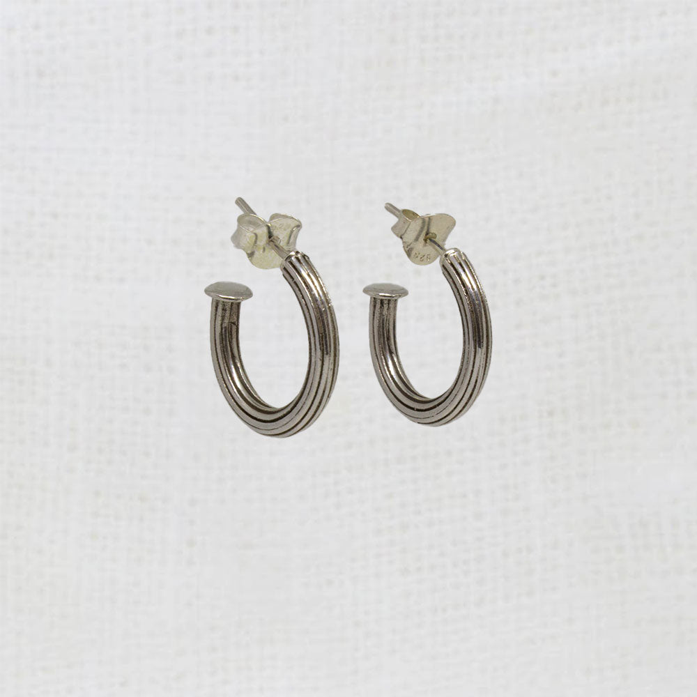 Oxidised Silver Ridged Hoop Earrings with Stud Fitting | Beyond Biasa
