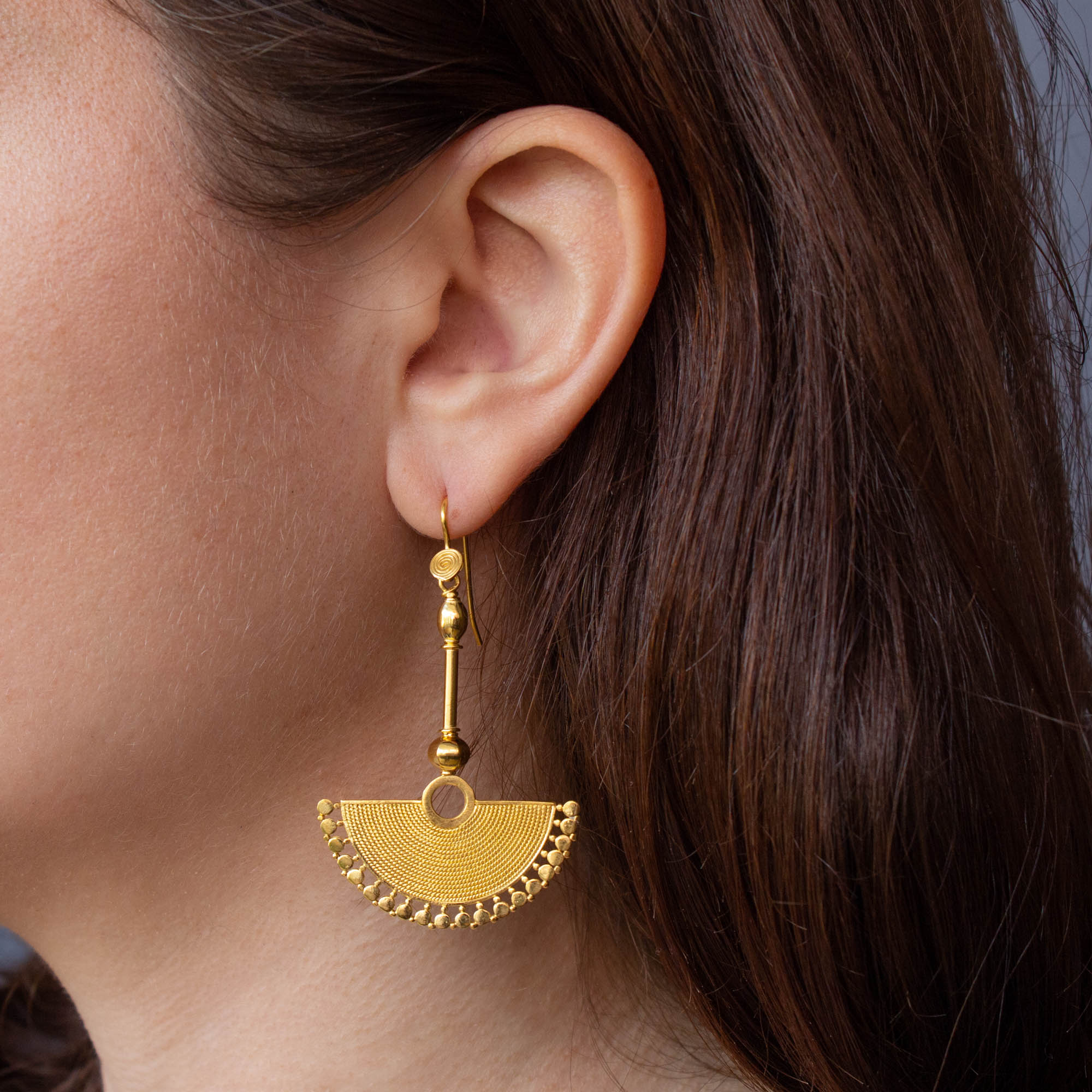 Large 18k gold vermeil fan shaped drop earrings with oxidised wirework detail and a hook fitting - Beyond Biasa 