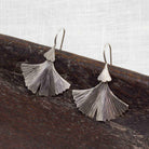 Sterling silver oxidised and textured fan shaped ginkgo leaf earrings with a hook fitting - Beyond Biasa 