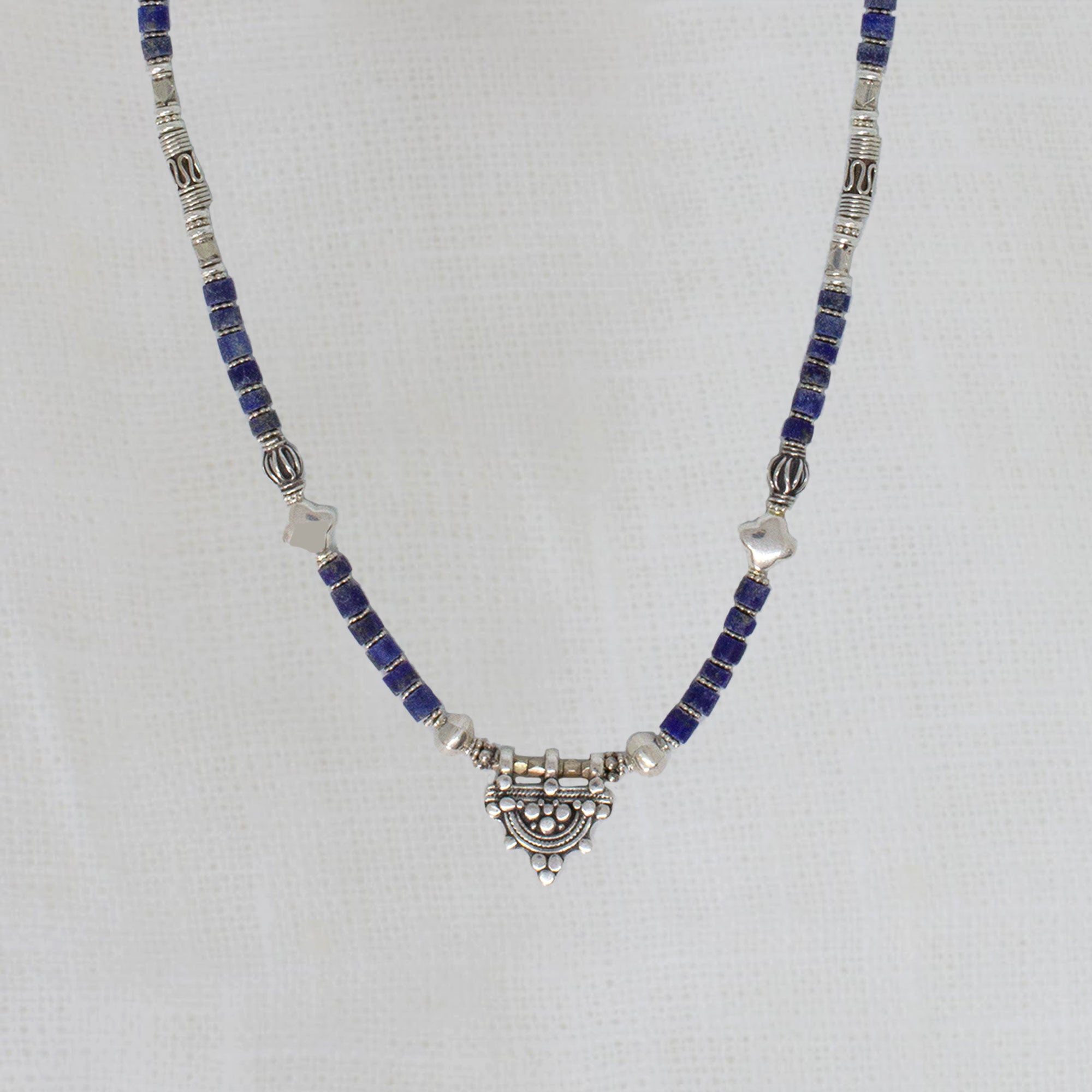 Lapis lazuli and sterling silver gemstone beaded necklace with ethiopian telsum bead pendant charm | Beyond Biasa