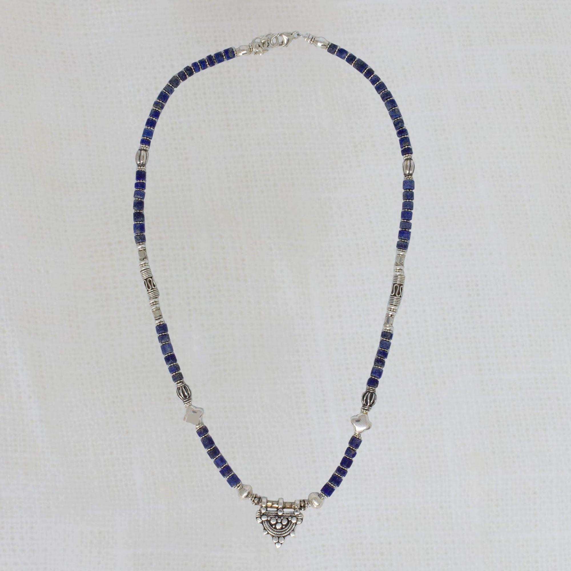 Lapis lazuli and sterling silver gemstone beaded necklace with ethiopian telsum bead pendant charm | Beyond Biasa