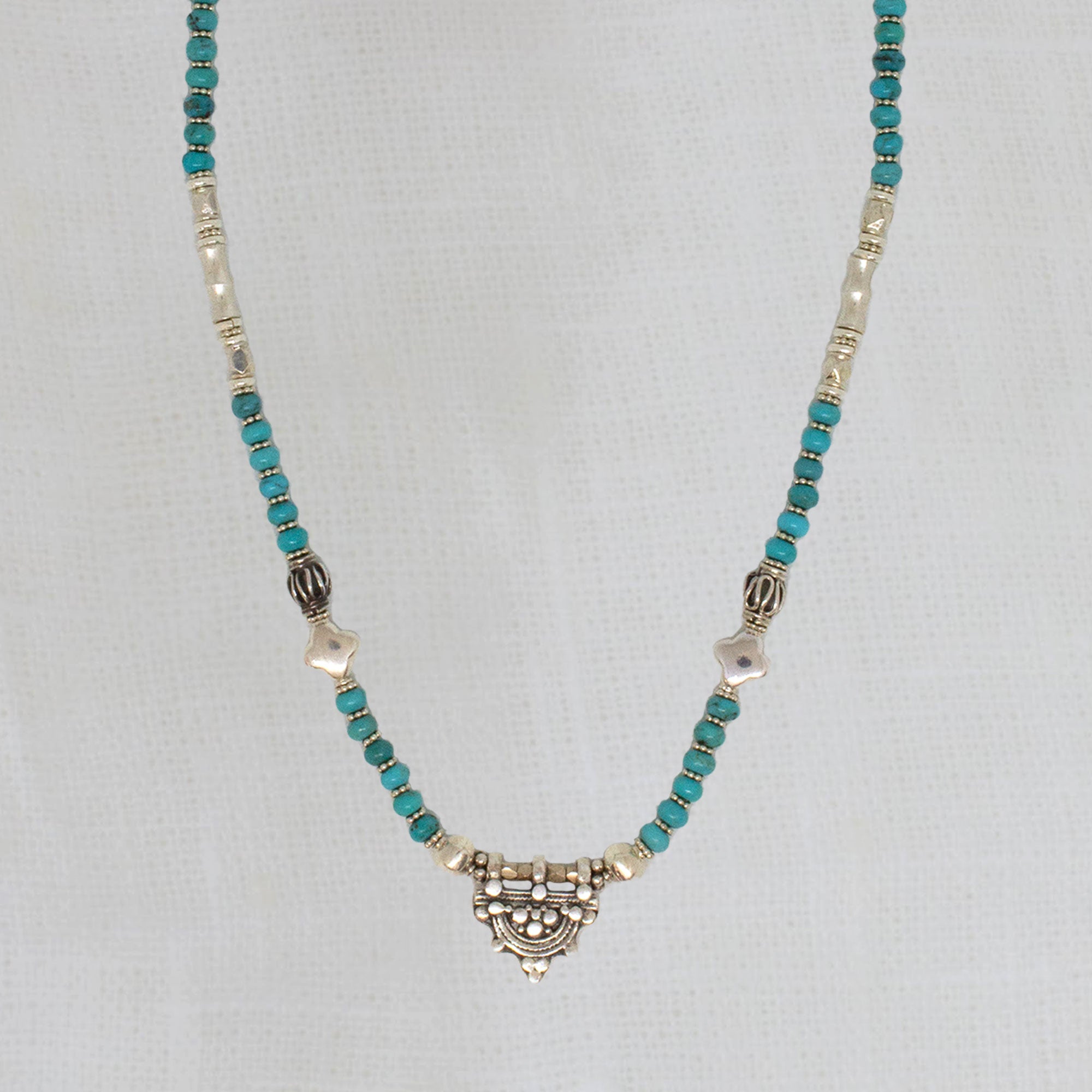 Natural turquoise and sterling silver gemstone beaded necklace with ethiopian telsum bead pendant charm | Beyond Biasa