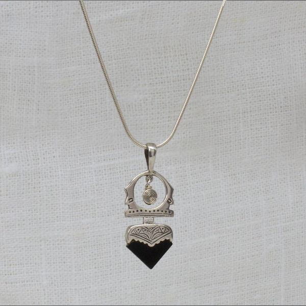Black Onyx and Engraved Sterling Silver Bohemian Tuareg Pendant